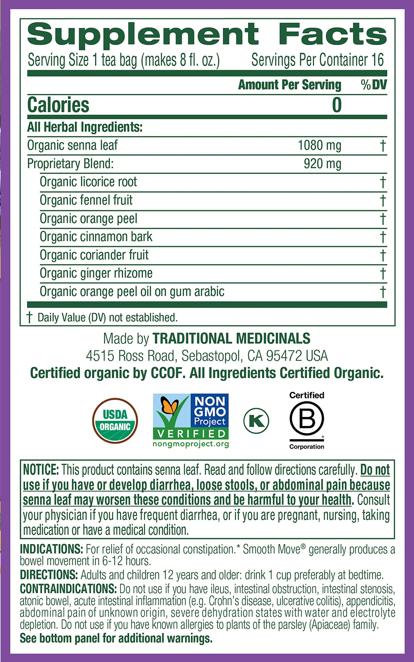 Traditional Medicinals Organic Smooth Move Herbal Stimulant Laxative Wrapped Tea Bags, 16 Count (Pack Of 1)
