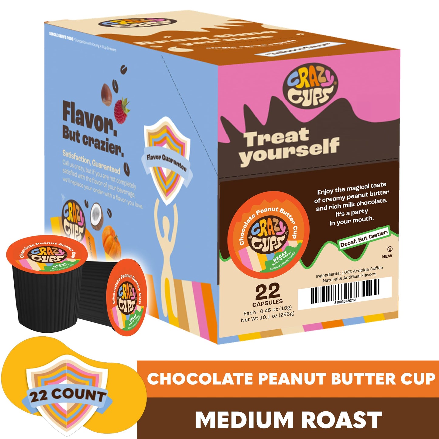 Crazy Cups Decaf Chocolate Peanut Butter Cup Coffee Pods for Keurig, 22 Count, Single Serve, Recyclable