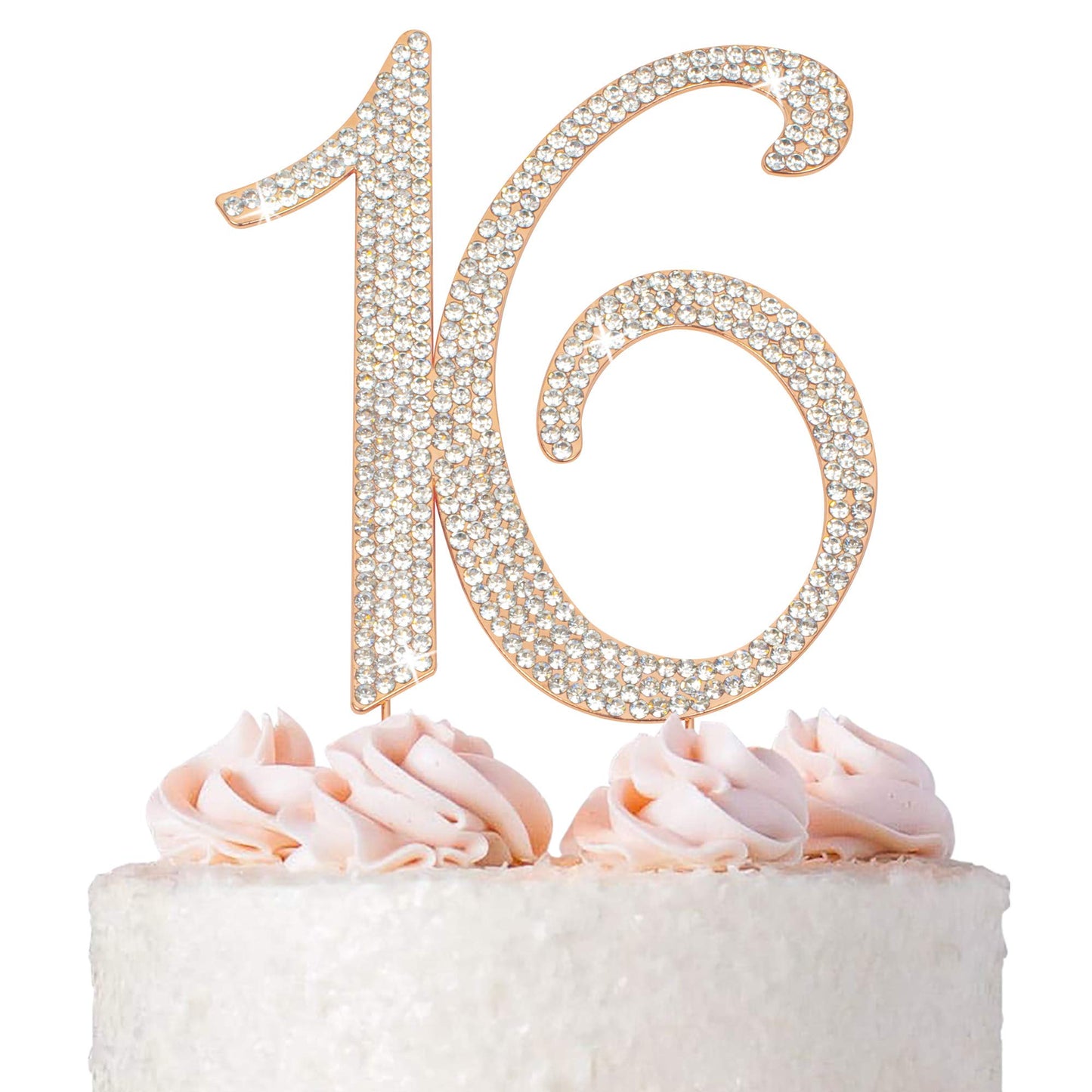 Crystal Creations 16 Cake Topper - Rose Gold Metal Decoration, Sparkly Rhinestone, 1 Count