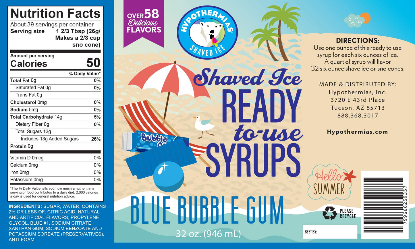 Hypothermias Gourmet Flavor Syrup for Drinks, 100% Pure Cane Sugar, Blue Bubble Gum, 32 Fl Oz (Pack of 1)