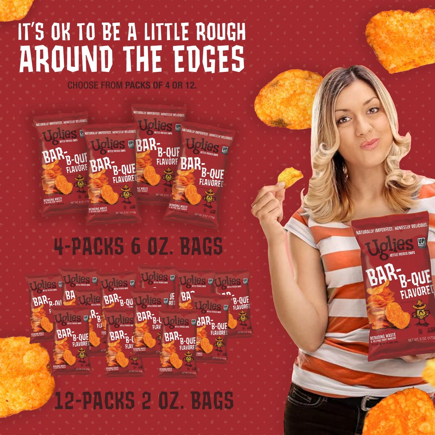 Uglies BBQ Kettle-Cooked Potato Chips, Gluten-Free, Kosher, Non-GMO, 2 Oz. Bags, Pack of 12, Orange