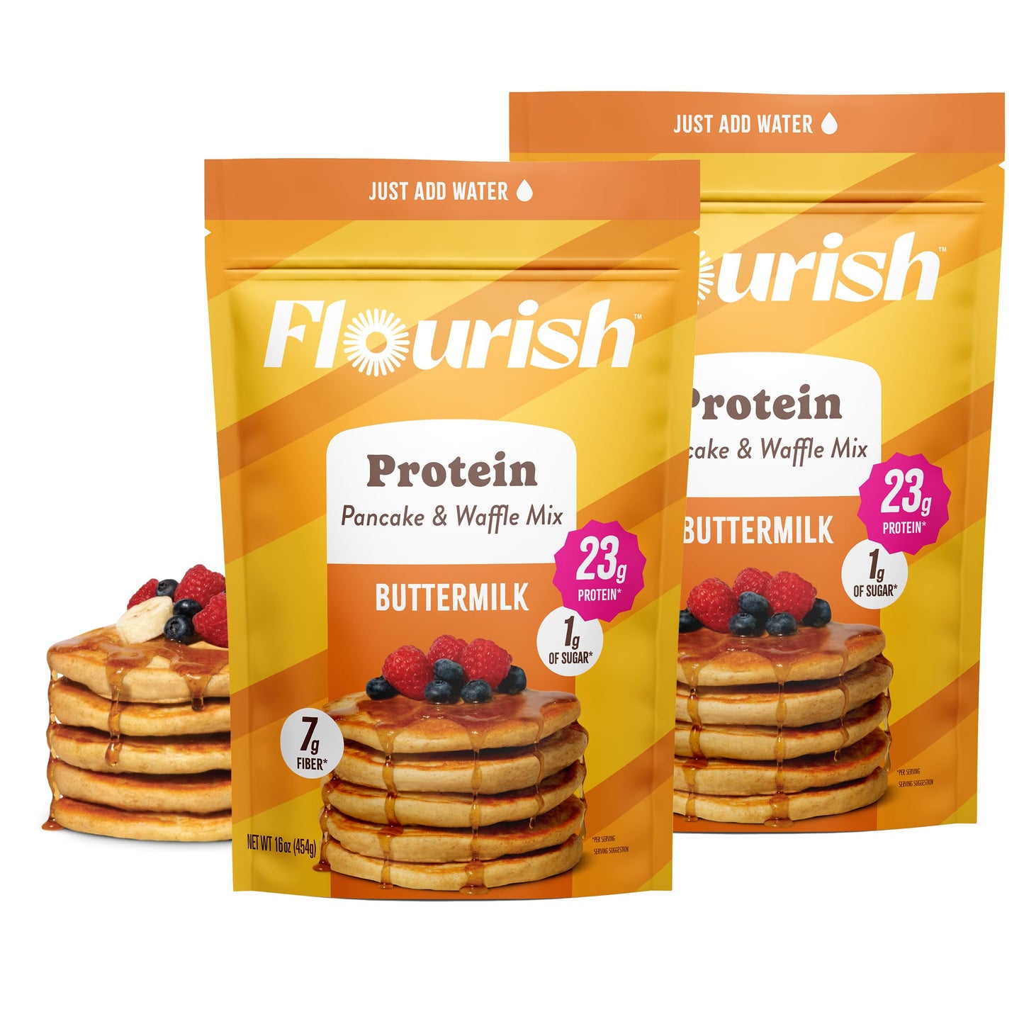 Flourish Protein Pancake & Waffle Mix, No Added Sugar, High Protein & Fiber, Buttermilk Flavour, 430 g (2 Pack)