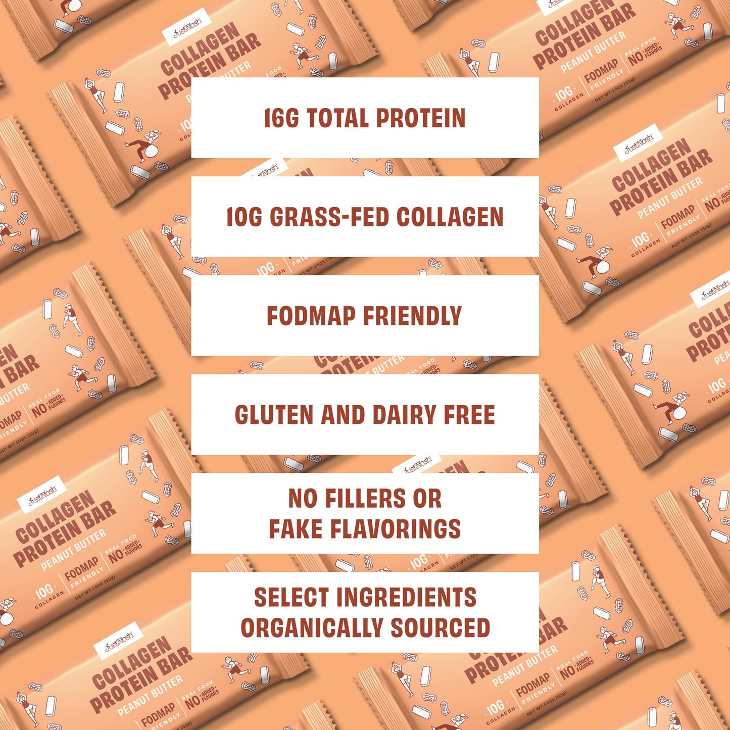 Justnosh ?P?Eanut Butter Collagen Protein Bars – 16G Protein, 10G Collagen | Gluten & Dairy Free, Low Fodmap, Seed Oil Free (12 Pack)