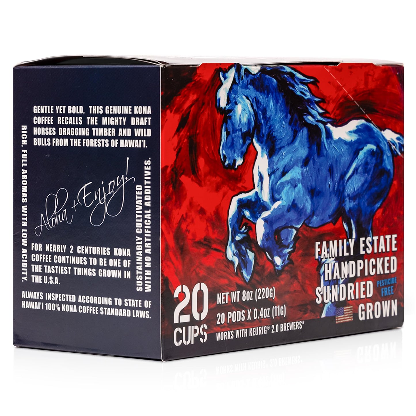 Blue Horse 100% Kona Coffee Pods, Medium Roast, 20ct Single Serve, Compatible with K Cups 2.0, Farm Fresh, Authentic Arabica Bea