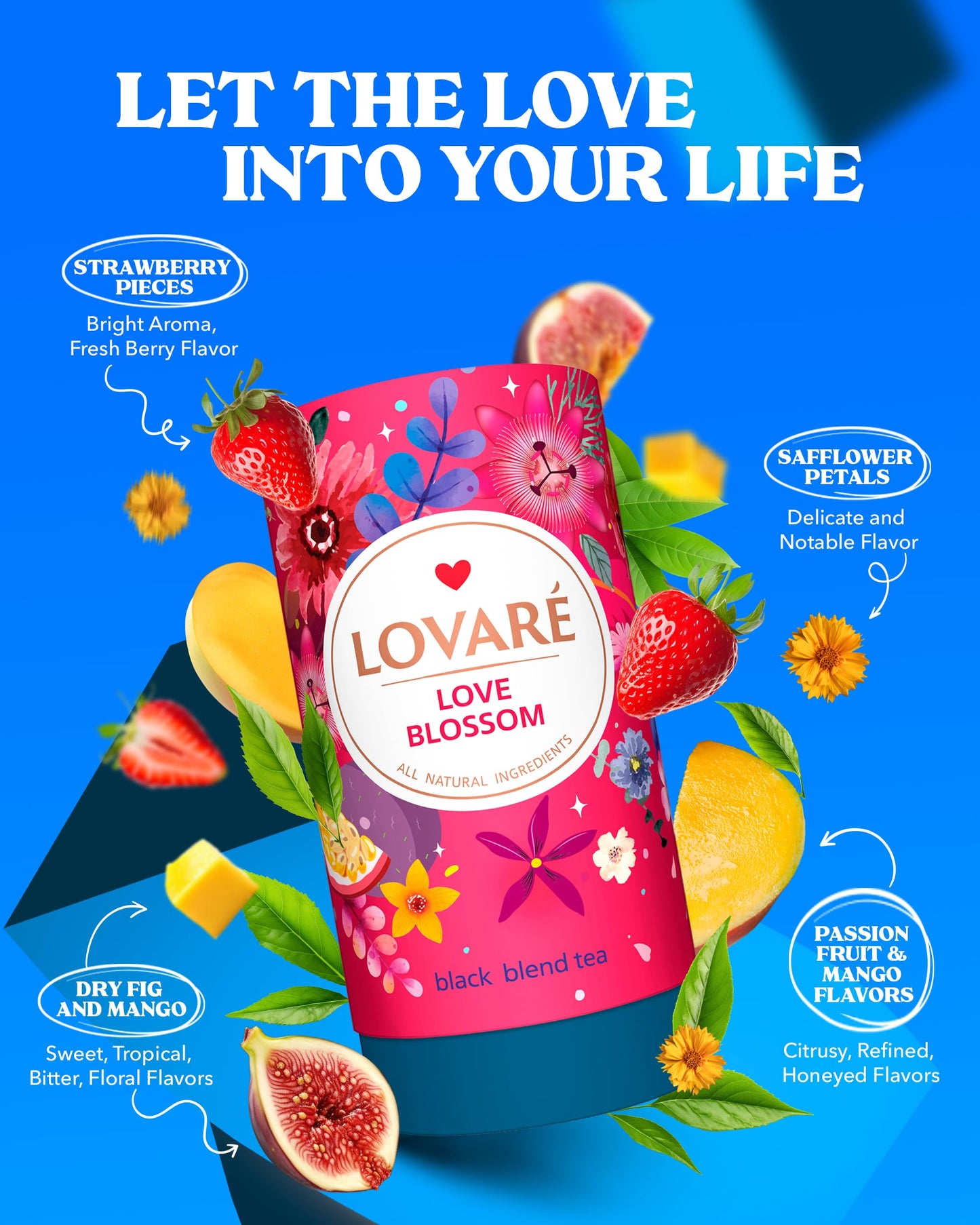 LOVARE Love Blossom Loose Leaf Tea - Dry Fig, Mango, Strawberry, 80g - Tea Gift Box with 15 Paper Filters