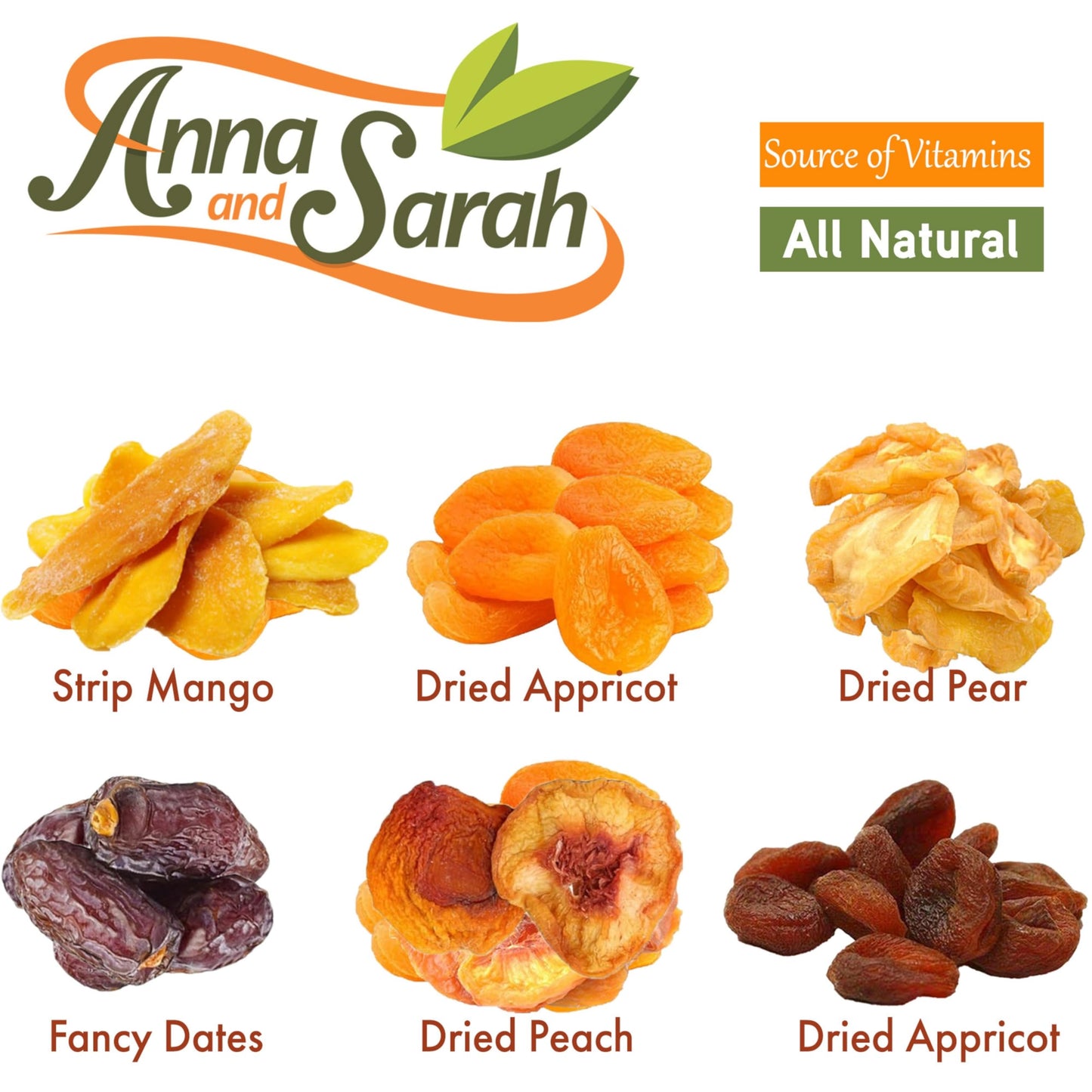 Anna And Sarah Gourmet Dried Fruit In Wooden 6 Compartments Gift Box Includes Strip Mango-Fancy Dates-Pear-Peach- Apricot-Dried Apricot Kosher-Halal For Christmas-Holiday For Mom-Dad-Boy-Girl Everyone