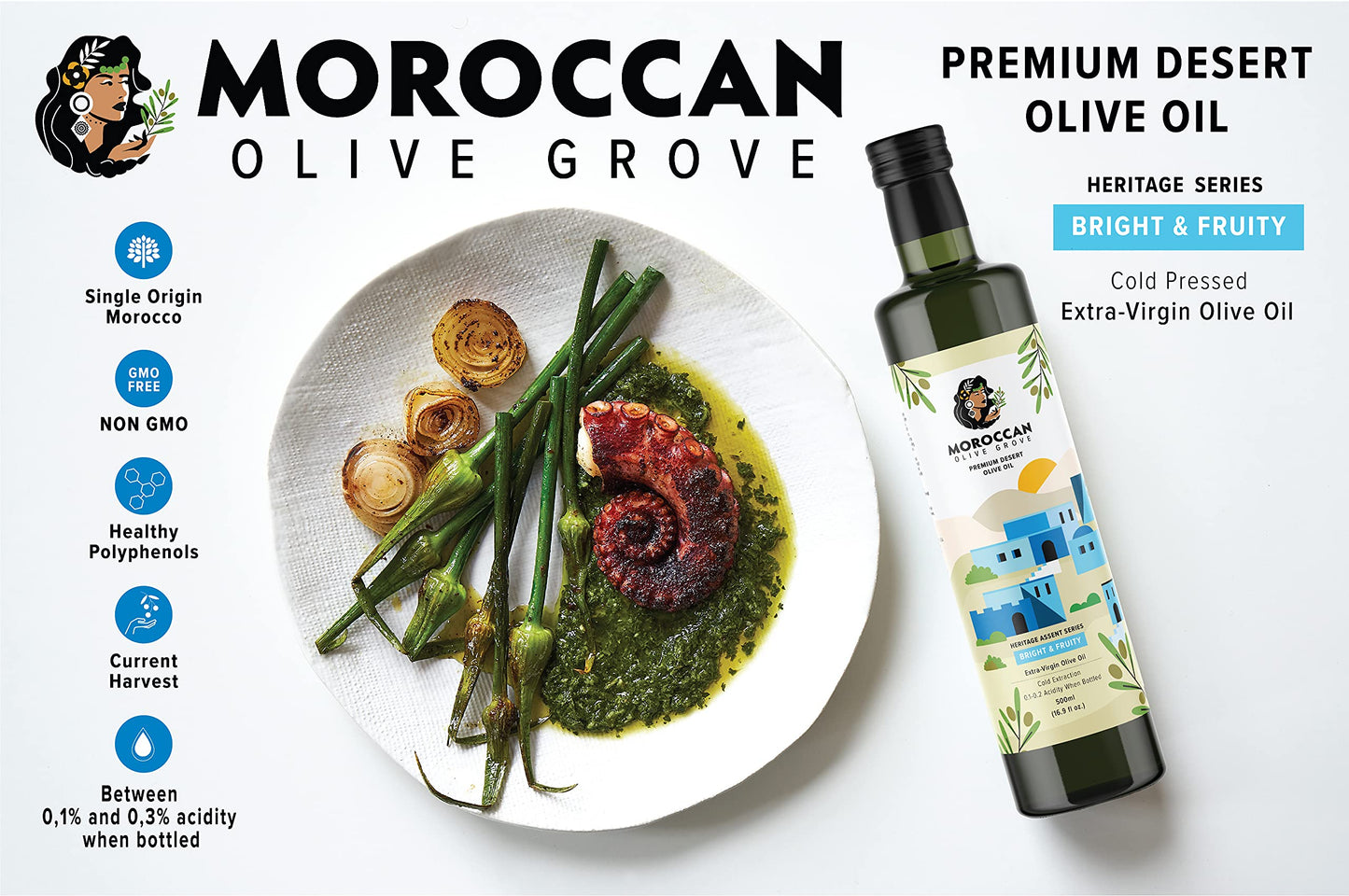 Moroccan Olive Grove Extra Virgin Olive Oil - Bright & Fruity - 100% Single Origin - 500ml Bottle