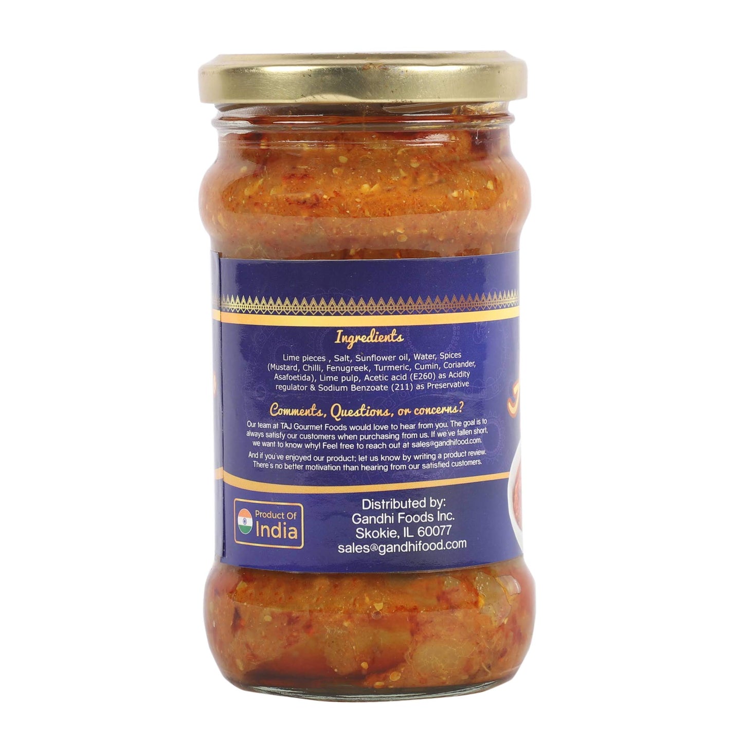 TAJ Gourmet Hot Lime Pickle - Spicy Indian Relish Achar, 10.5oz Glass Jar