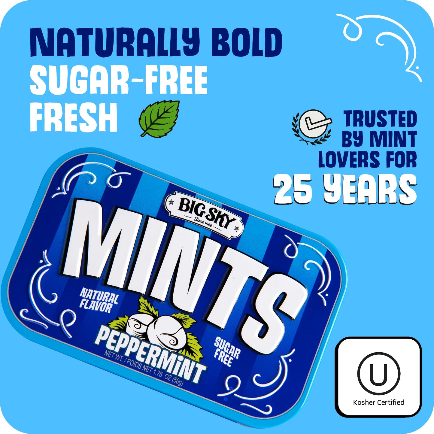 Big Sky Sugar Free Peppermint Candy, 50g Tin - 6 Count Display Tray