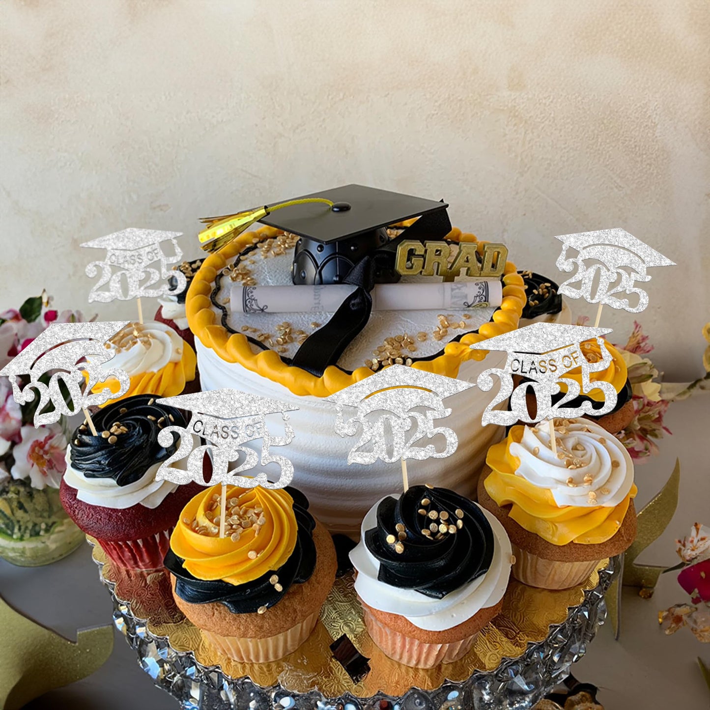 Gyufise 24 Pack 2025 Graduation Cap Cupcake Toppers 2025 Silver Glitter Class Of 2025 Cupcake Picks 2025 Graduation Theme Party