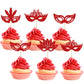 24Pcs Masquerade Masks Cupcake Toppers Red Glitter Mask Cupcake Picks for Masquerade Mardi Gras Party Baby Shower Birthday Weddi