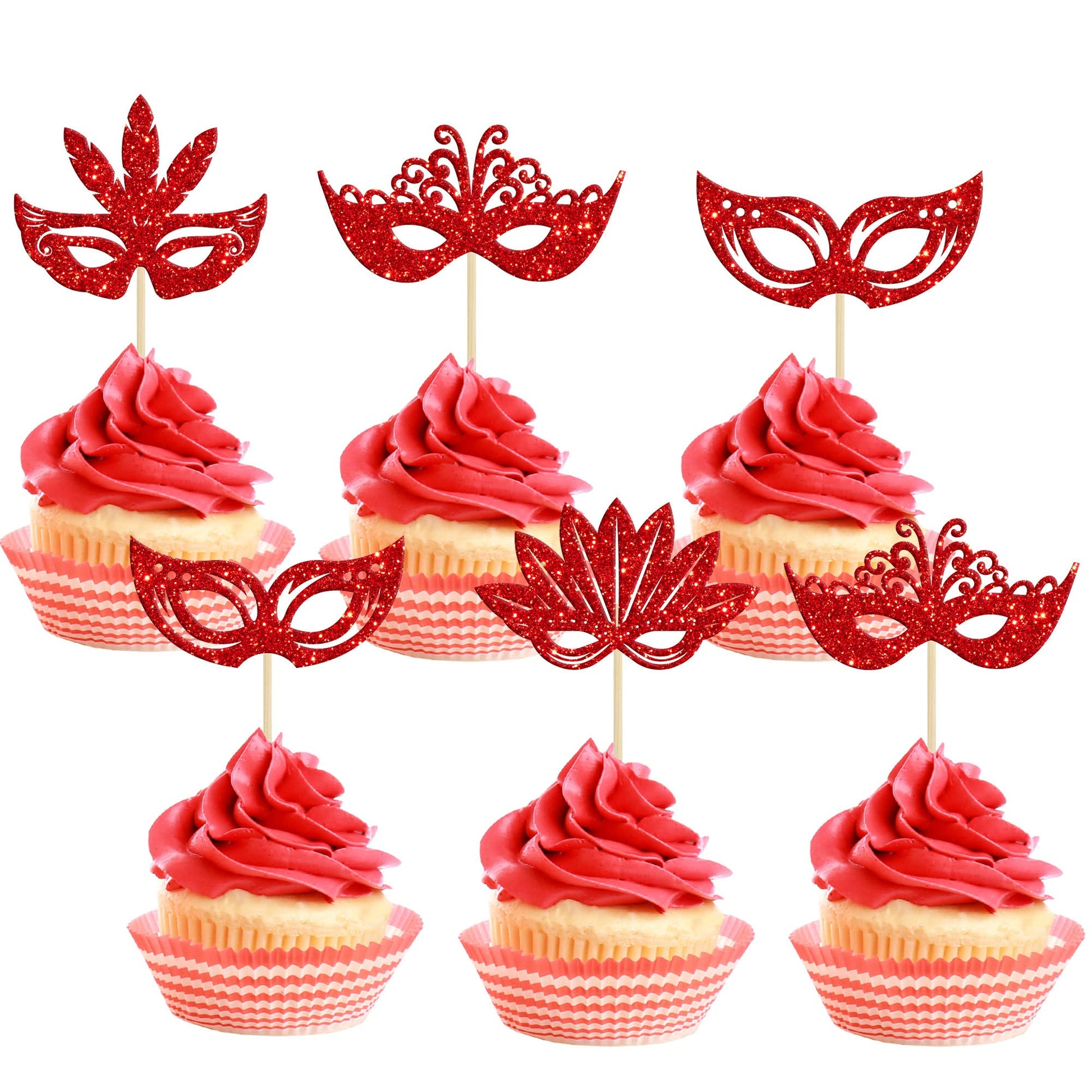 24Pcs Masquerade Masks Cupcake Toppers Red Glitter Mask Cupcake Picks for Masquerade Mardi Gras Party Baby Shower Birthday Weddi