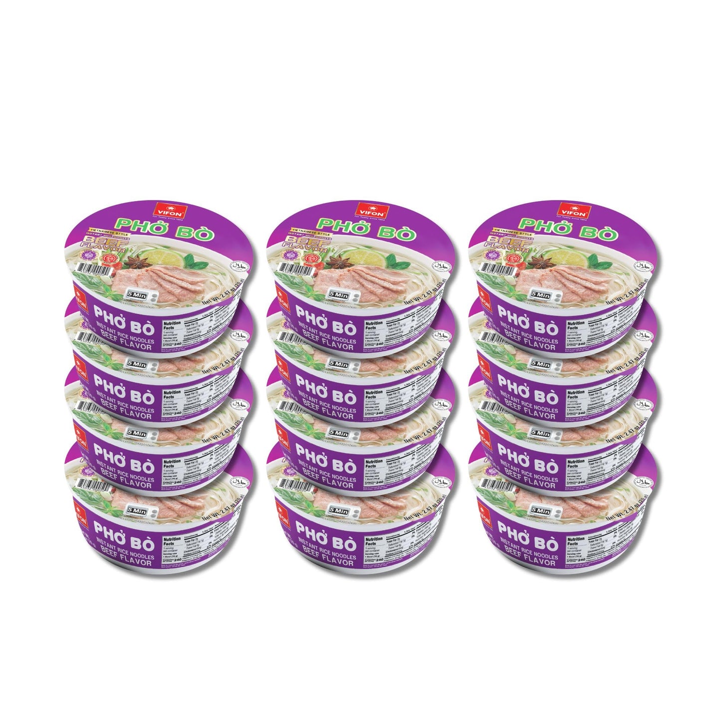 VIFON Pho Bo Vietnamese Beef Flavor Rice Noodle Bowl, 70g (Pack of 12) | Authentic Vietnamese Instant Pho | Halal Certified | In