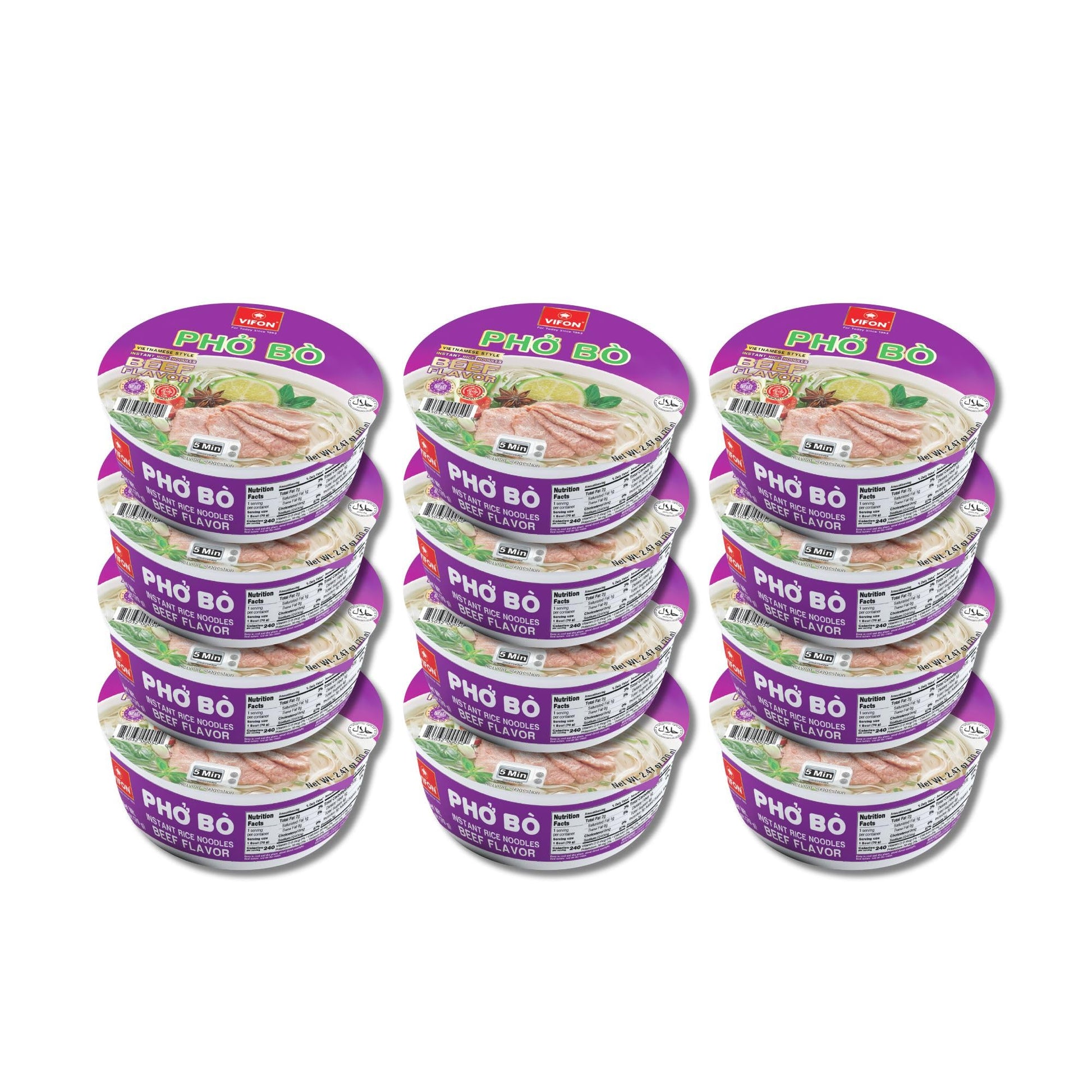 VIFON Pho Bo Vietnamese Beef Flavor Rice Noodle Bowl, 70g (Pack of 12) | Authentic Vietnamese Instant Pho | Halal Certified | In