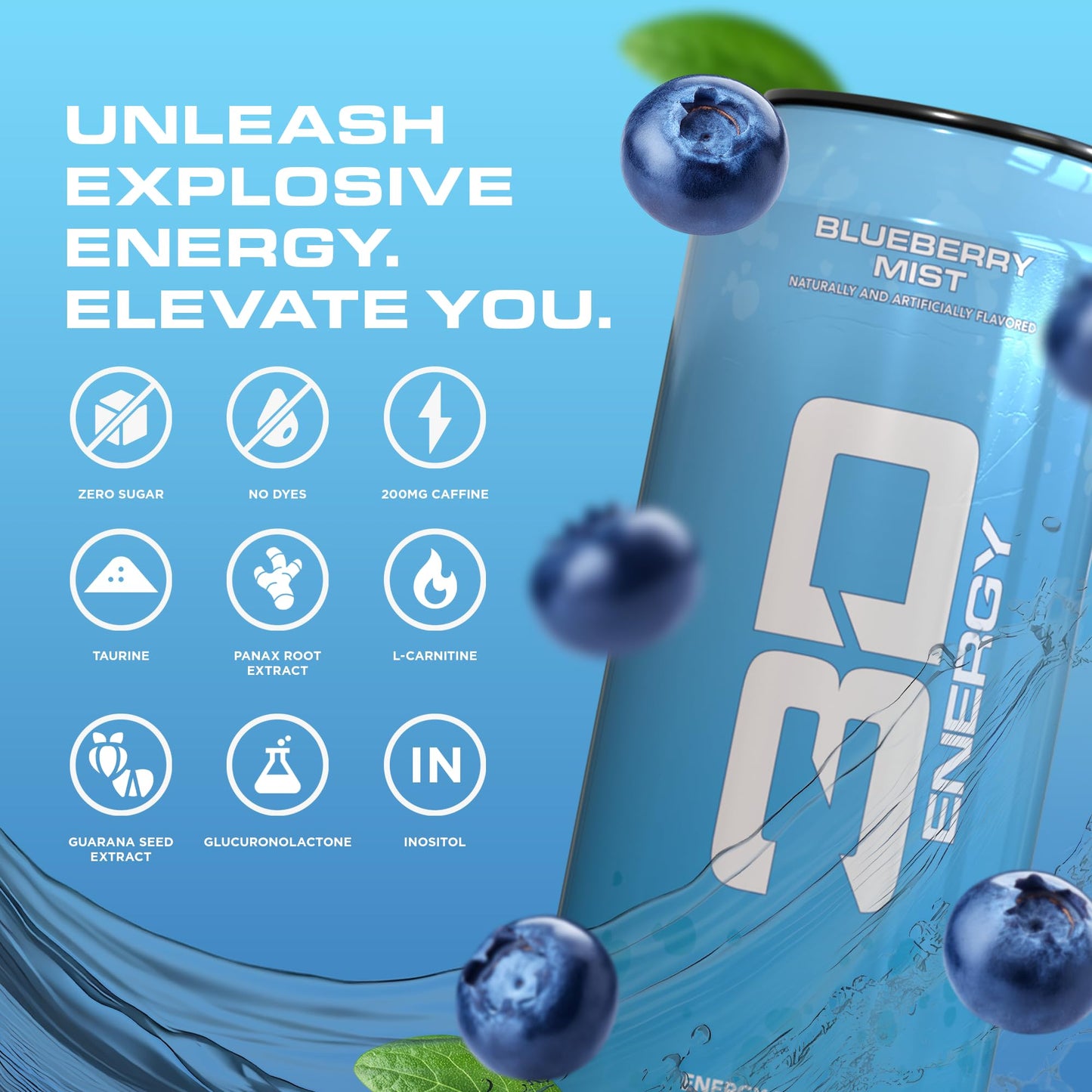 3D Energy Drink - Sugar Free  200mg Caffeine  Pre Workout  Taurine  L-Carnitine  Lightly Carbonated  16oz Cans  12 Pack - Blueberry Mist