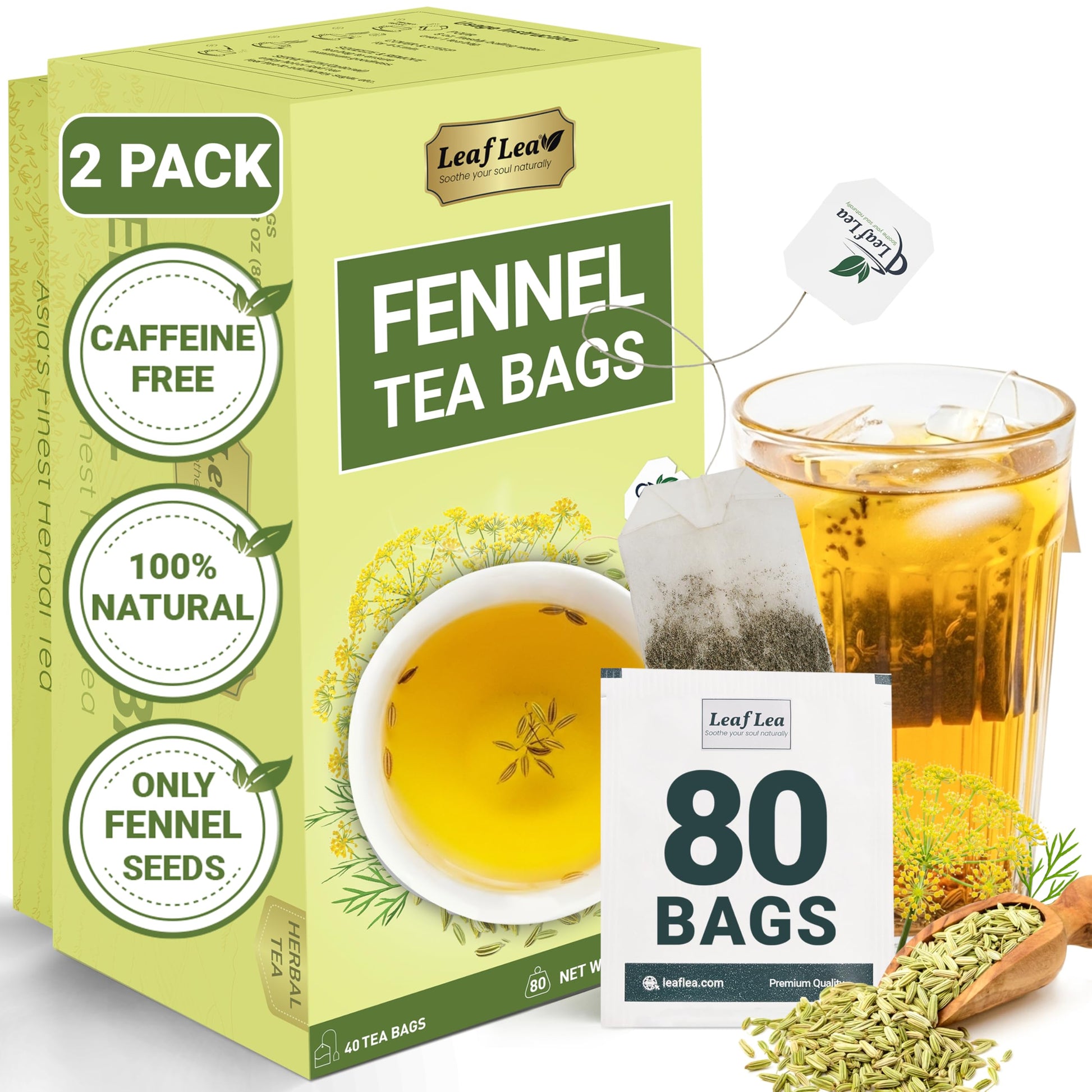 Leaflea 80 Top-Grade Fennel Tea Bags  Pure Dried Fennel Seed Tea  Daily Ease & Balance  Naturally Sweet Taste  Energy Blend-Free  Sugar-Free  Non-Gmo  Vegan  Individually Wrapped