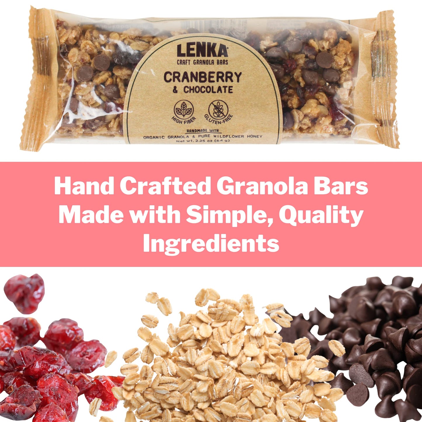 Lenka Handmade Craft Granola Bars - Cranberry Chocolate Gluten Free High Fiber - Nutritious Snack Bar With Organic Granola - 12
