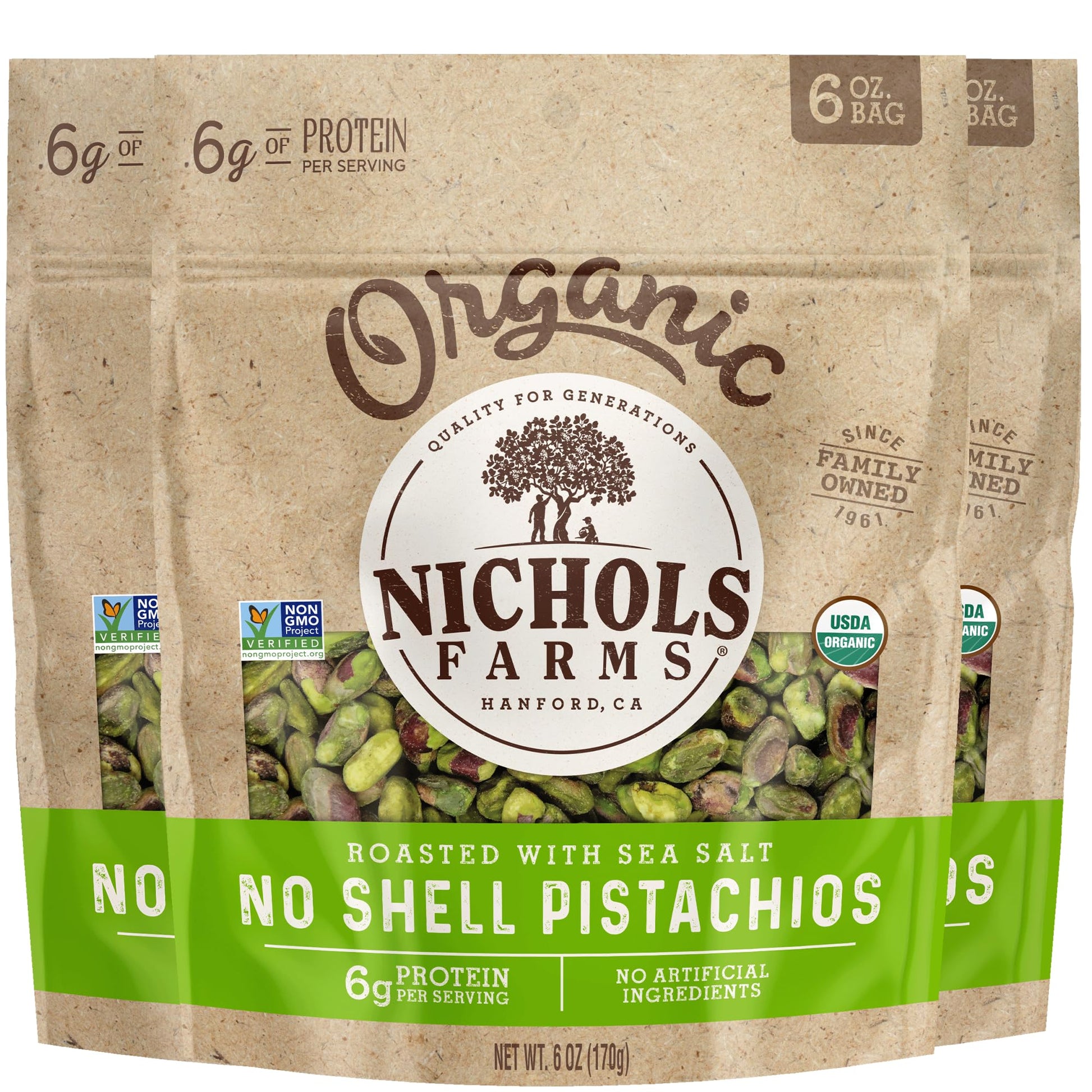 Nichols Farms Roasted with Sea Salt No Shell Pistachios, Kosher, USDA Certified Organic, Non-GMO, 6 Oz (Pack of 3)