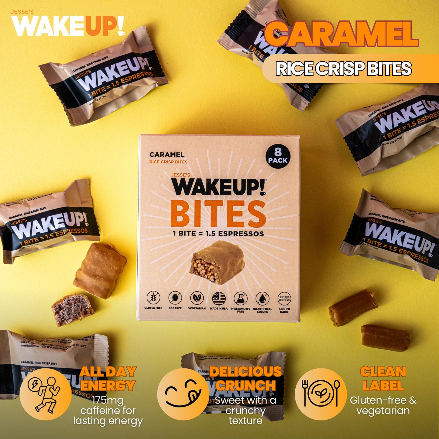 Jesses WakeUP! Caramel Caffeinated Protein Bites - Gluten-Free, Vegetarian, 8 Pack (1 Bite = 1.5 Espressos)