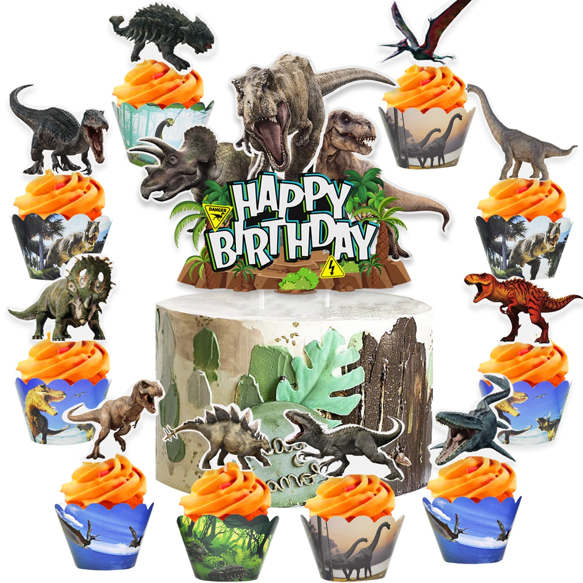 Dinosaur Cake Toppers & Decorations - 49 Pcs  Cupcake Wrappers  Baby Shower & Kids Party Supplies