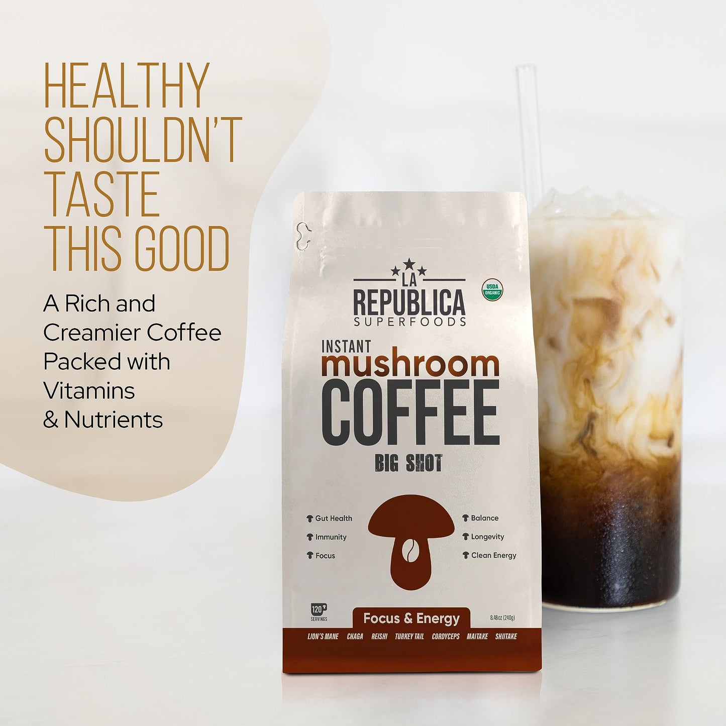 La Republica Big Shot Organic Mushroom Coffee (120 Servings) W/ 7 Superfood Shrooms, Instant With Lion'S Mane, Reishi, Chaga, Cordyceps, Shiitake, Maitake, Turkey Tail [Reg]