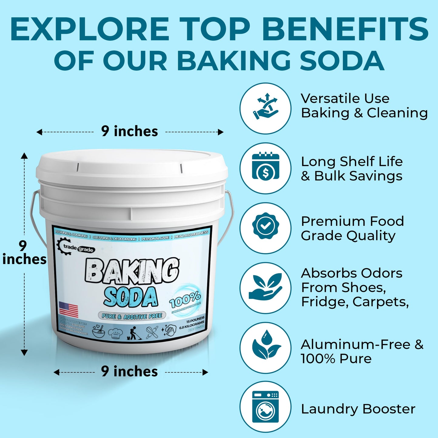 TradeGrade Pure Baking Soda Powder - 15 lb Bucket  Sodium Bicarbonate Powder | enhanced Food-Grade for Baking  Bread  Cookies & More | Baking Soda for Cleaning  Natural Cleaner & Deodorizer