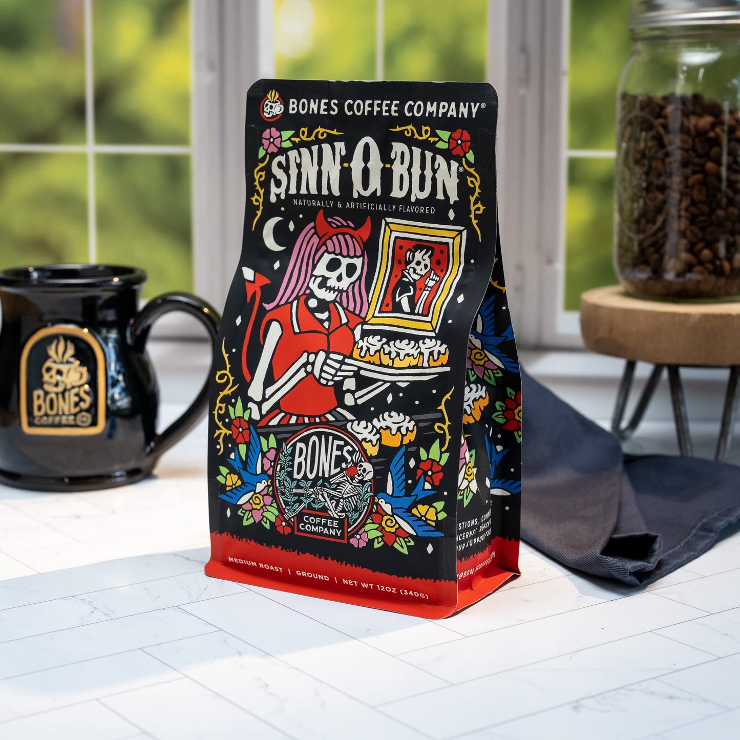 Bones Coffee Company Sinn O Bun Ground Coffee Beans, Cinnamon Roll Flavor, Low Acid Flavored Coffee, Made with Arabica Coffee
