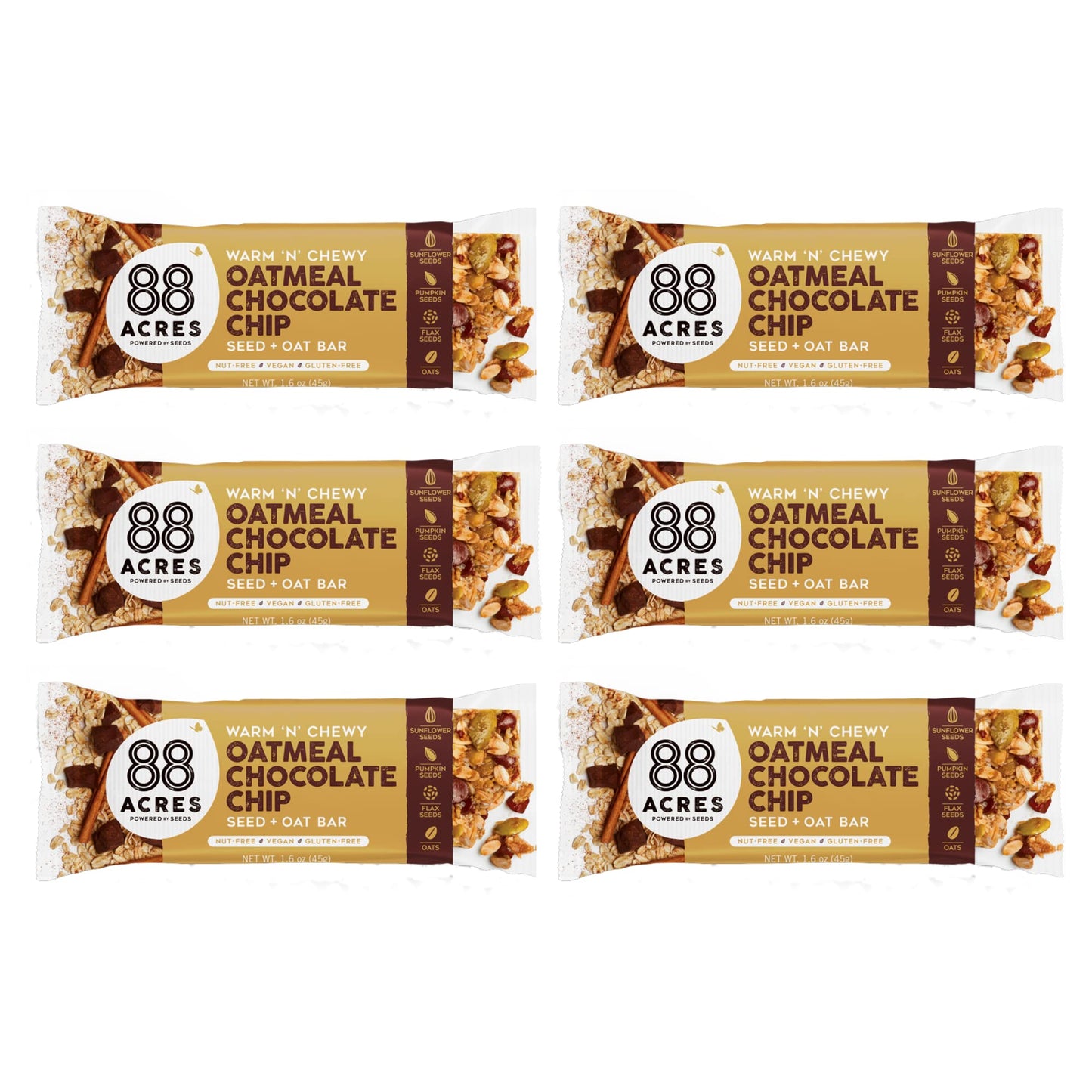 88 Acres Granola Bars - Oatmeal Chip, Gluten Free, Nut-Free, Vegan, 6 Count, Brown/White