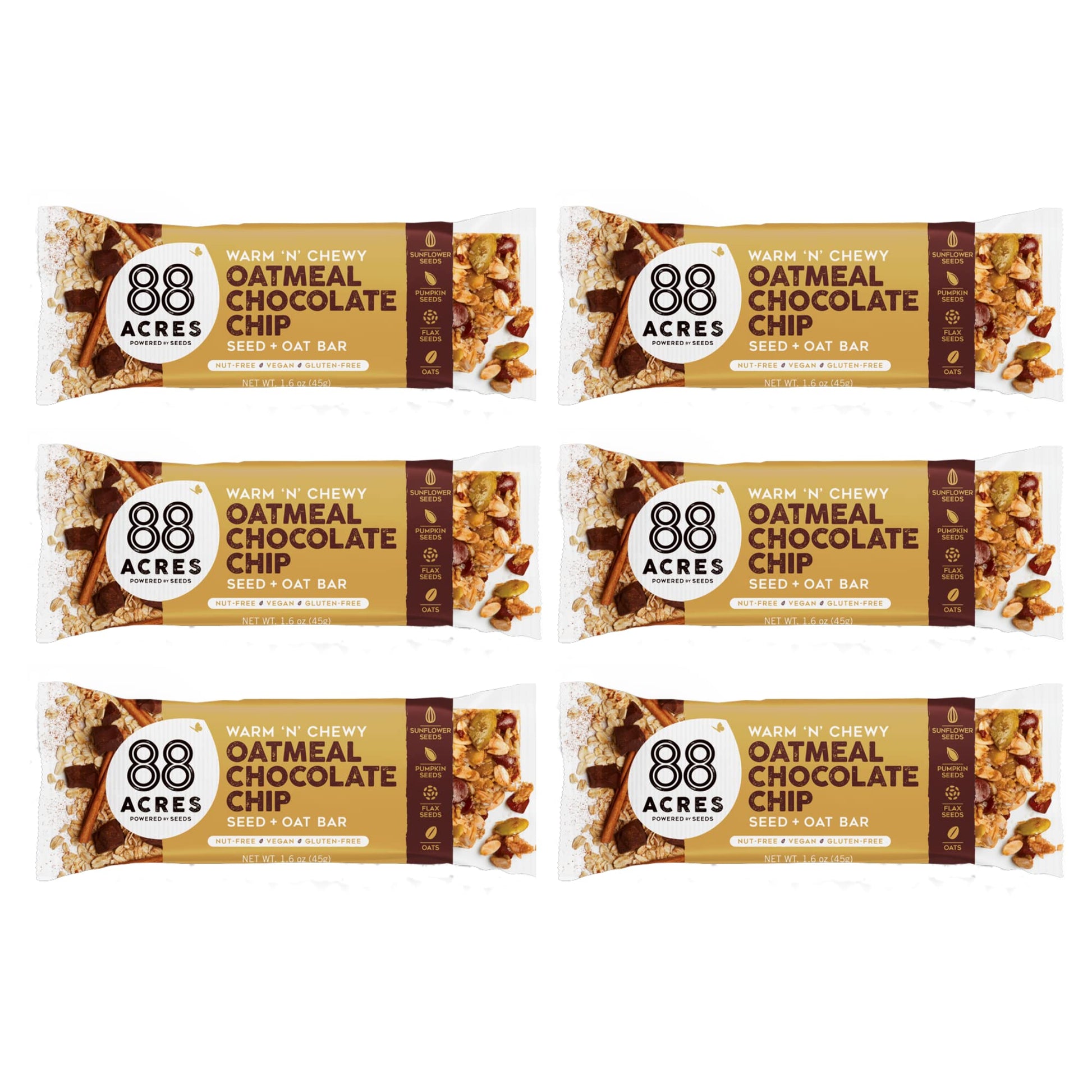 88 Acres Granola Bars - Oatmeal Chip, Gluten Free, Nut-Free, Vegan, 6 Count, Brown/White