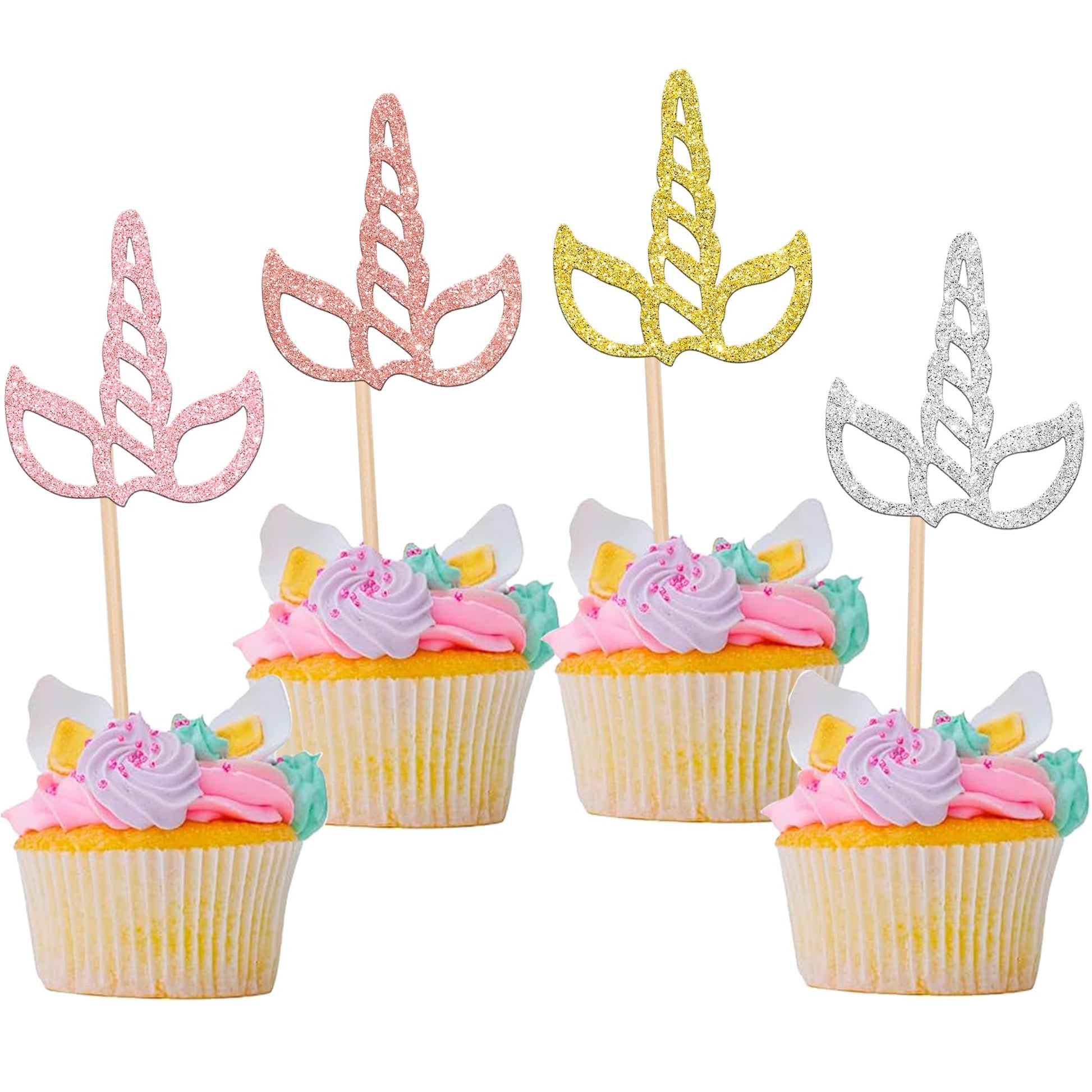 Rsstarxi Unicorn Horn Cupcake Toppers - 24 Pack Glitter Decorations for Baby Shower or Birthday Party - Multi-Design, Paper