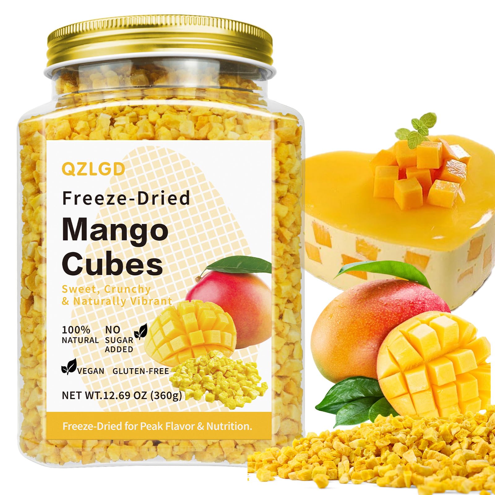 QZLGD Freeze Dried Mango, Freeze Dried Fruit, Diced Mango,12.69oz/360g, Crispy Crunchy Snacks, for Baking, Smoothie, Yogurt