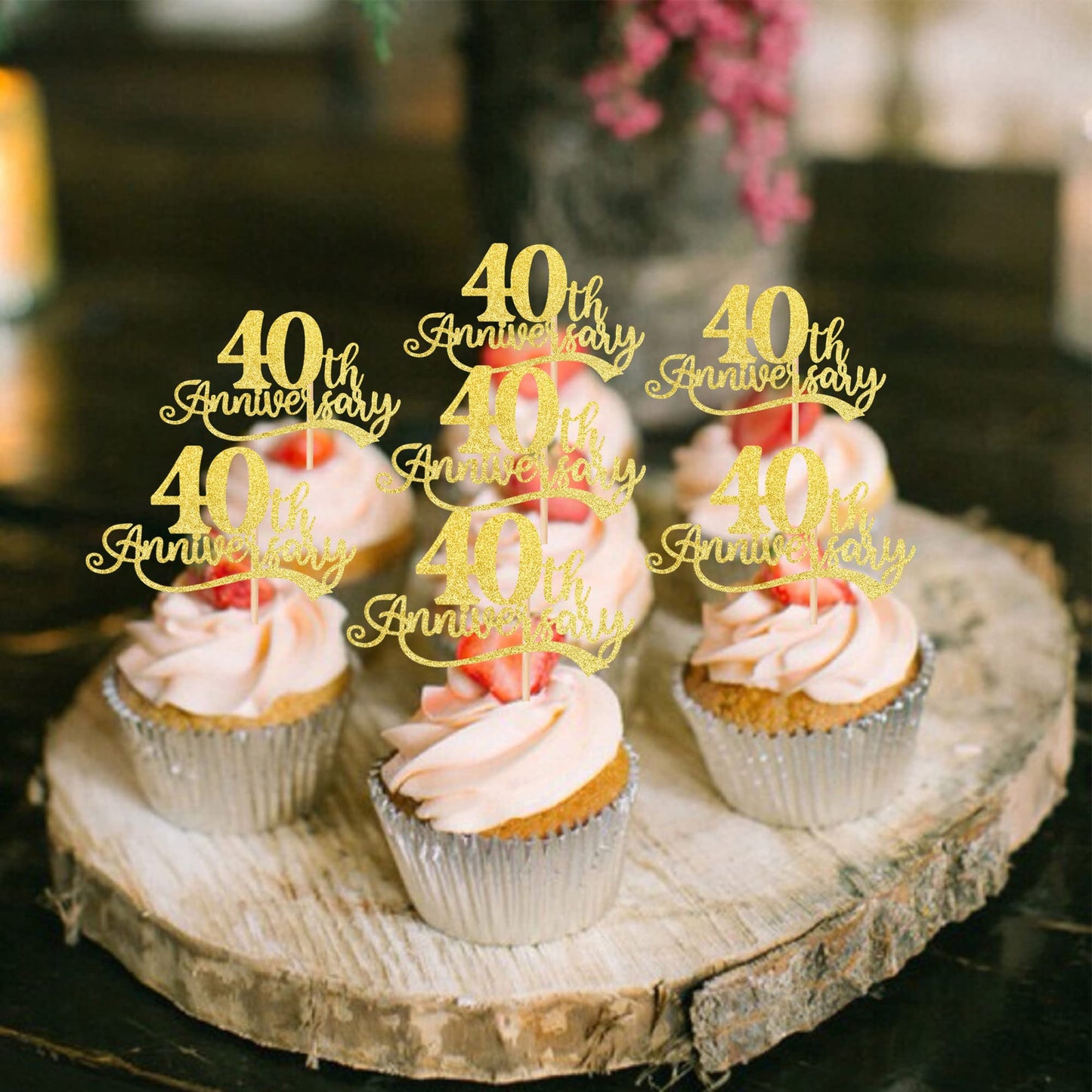 Rssta i Cupcake Toppers Gold Glitter Cheers to 40 Years, 2.8x4.1 inches, Paper, Model XM090-40, Perfect for 40th Birthday Party Decor