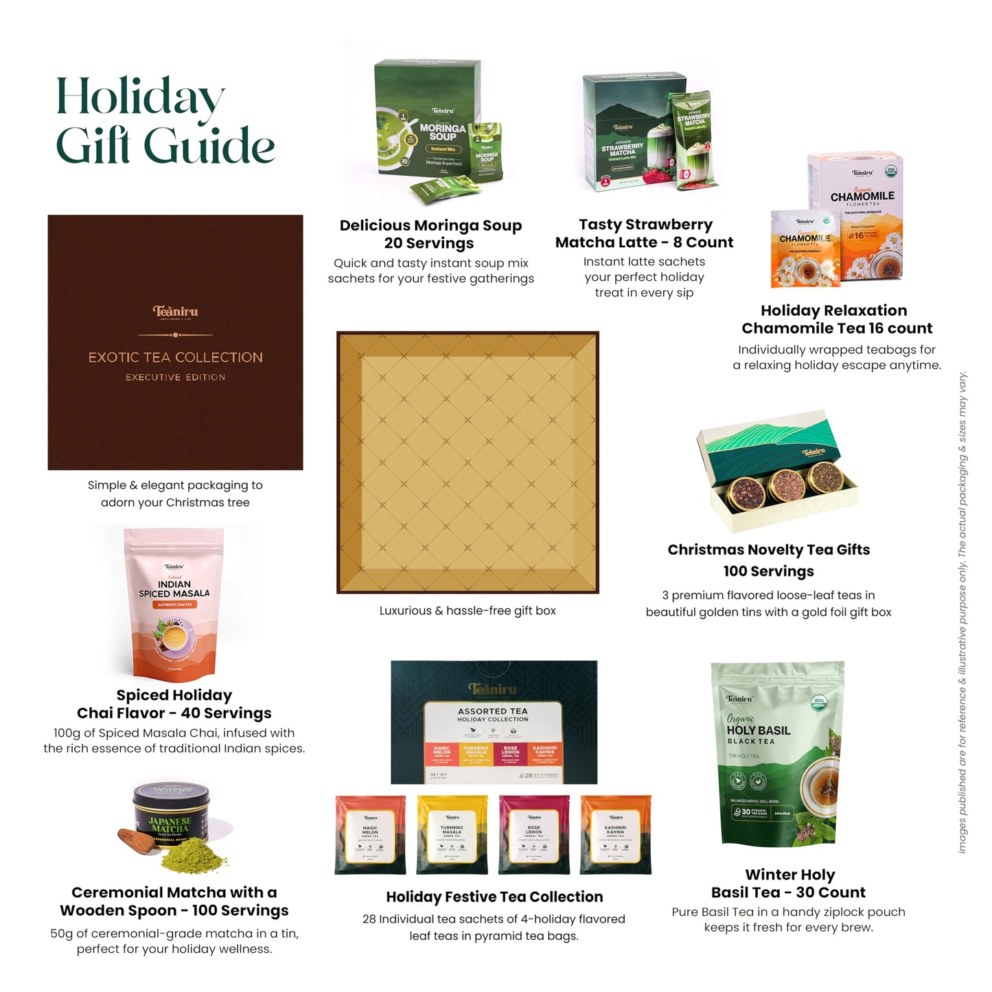 Teaniru, Exotic Collection-Christmas Gift Box | Holiday Flavored Teas, Moringa Soup, Strawberry Matcha Latte, Spiced Masala Chai