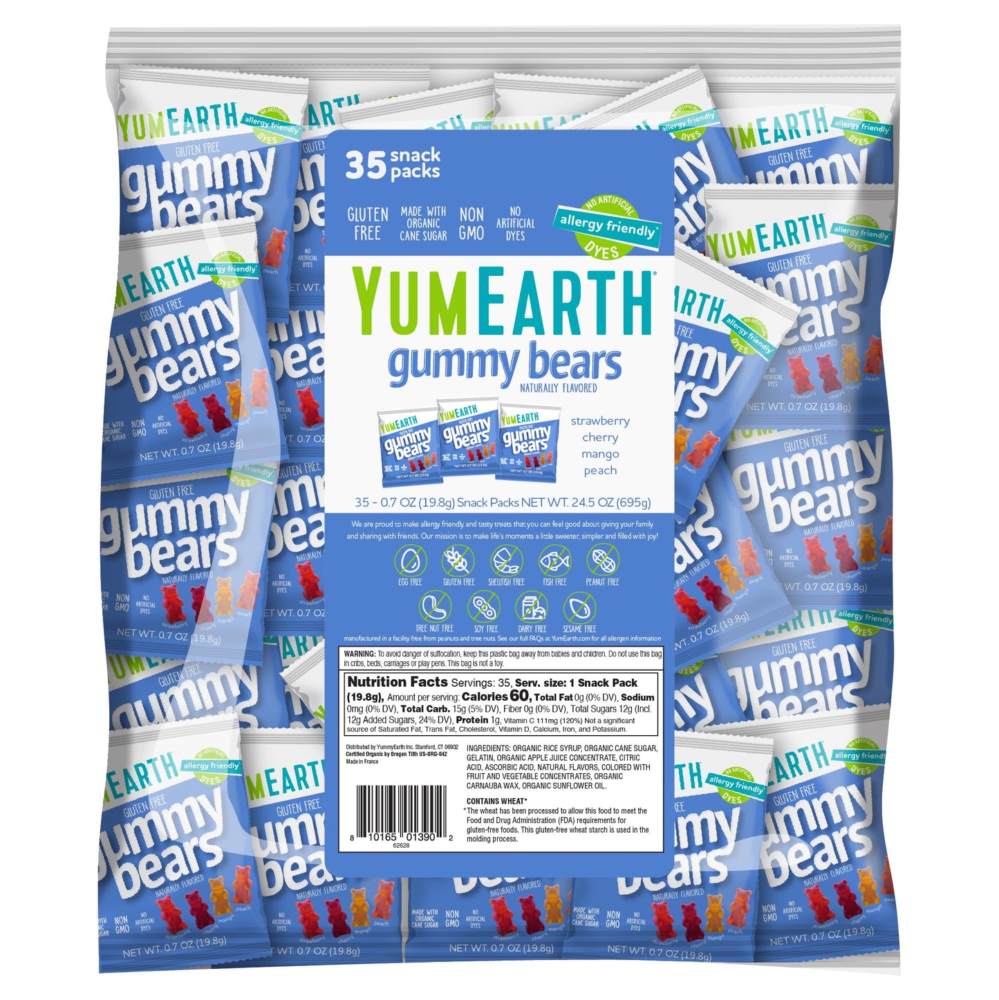 YumEarth Organic Gummy Bears - Fruity Gummy Candy Snack Packs  Gluten Free Snacks for Kids - Allergy Friendly  Non-GMO  No Artificial Flavors or Dyes - Assorted Flavors  0.7 oz. (Pack of 35)