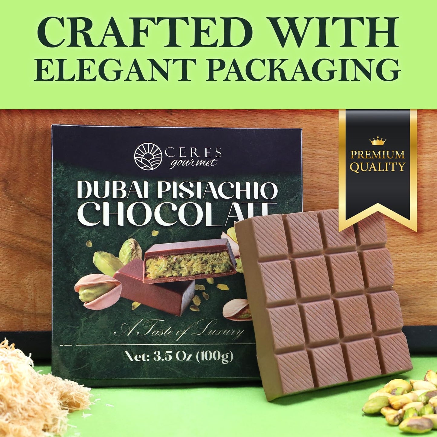 Dubai Chocolate Bar, Pistachio Chocolate Knafeh Bar -3.5 Oz, (100G) Pistachio, Luxurious Gift & Indulgent Snack