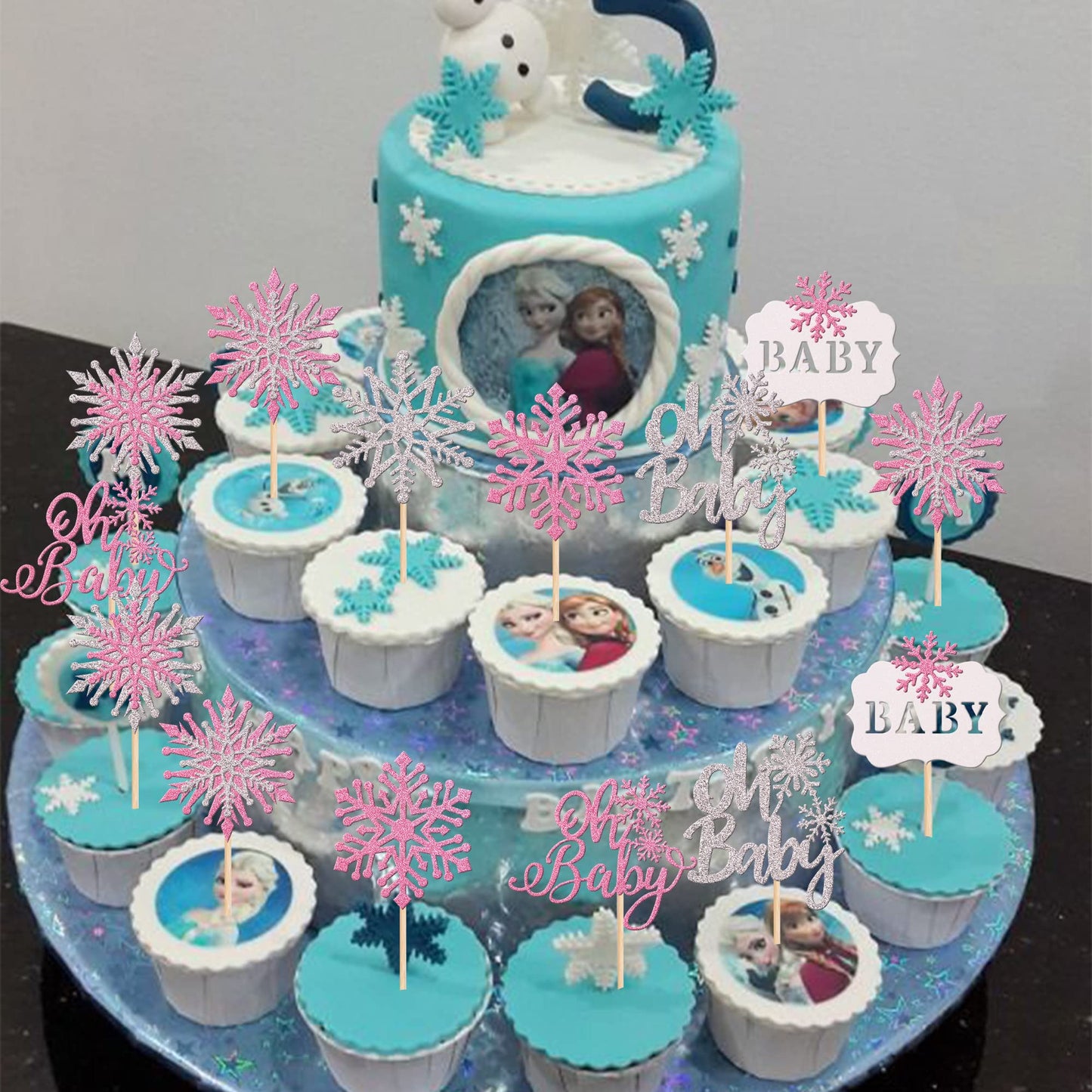 28 Pcs Oh Baby Snowflake Cupcake Toppers Glitter Winter Frozen Theme Snowflake Cupcake Picks For Winter Wonderland Gender Reveal