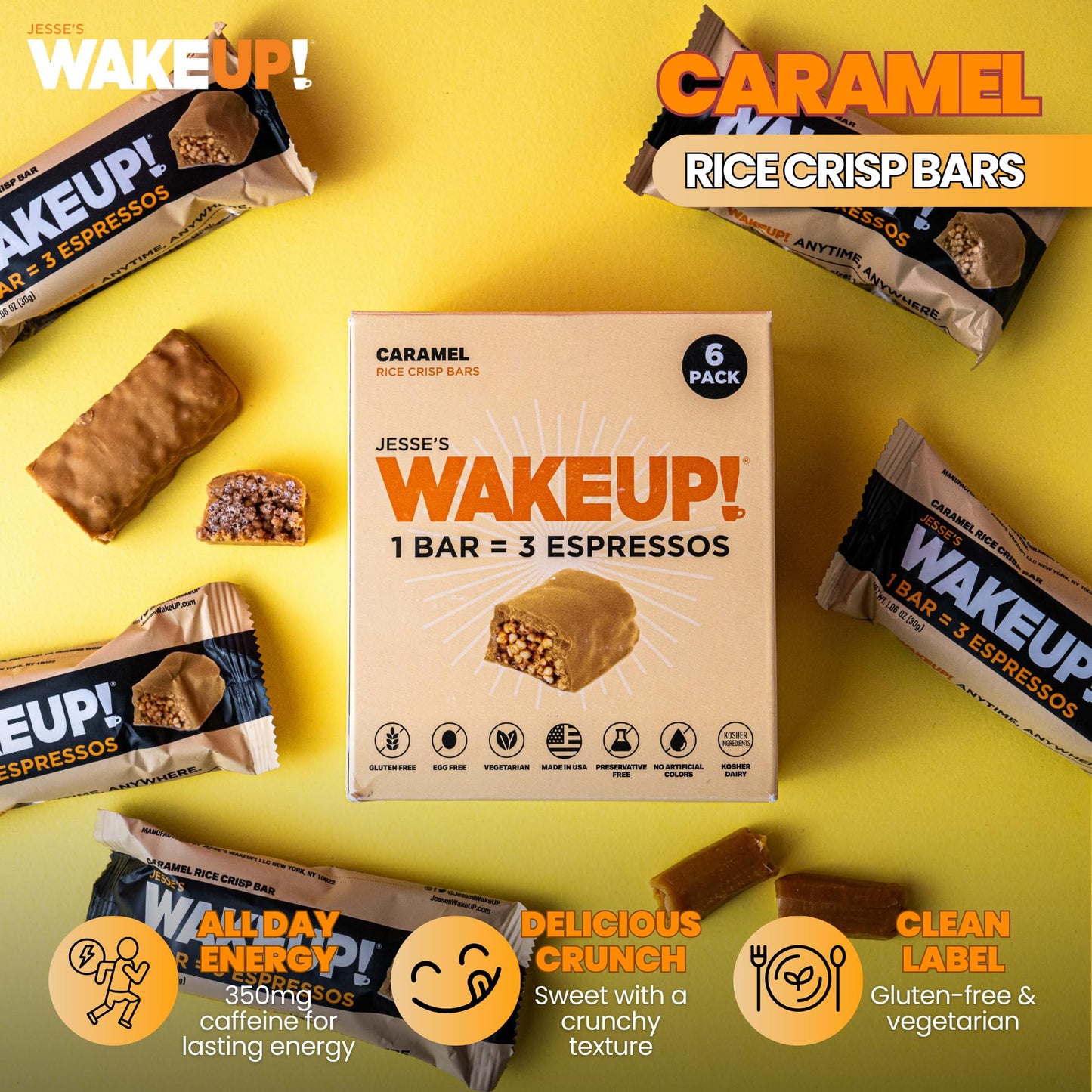 Jesses WakeUP! Caramel Protein Bars - 350mg Caffeine, Gluten-Free, 6 Pack
