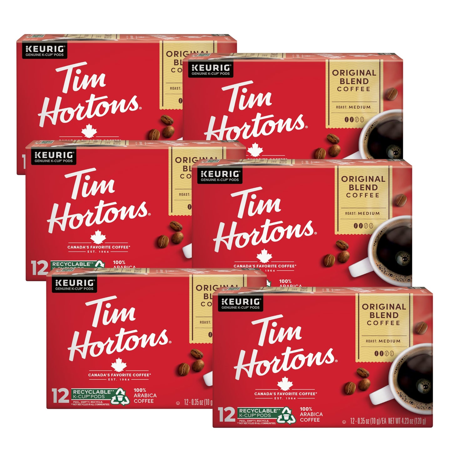 Tim Hortons Original Blend Medium Roast Coffee K-Cup Pods, 72ct, 12 Count (Pack of 6), Compatible with Keurig Brewers