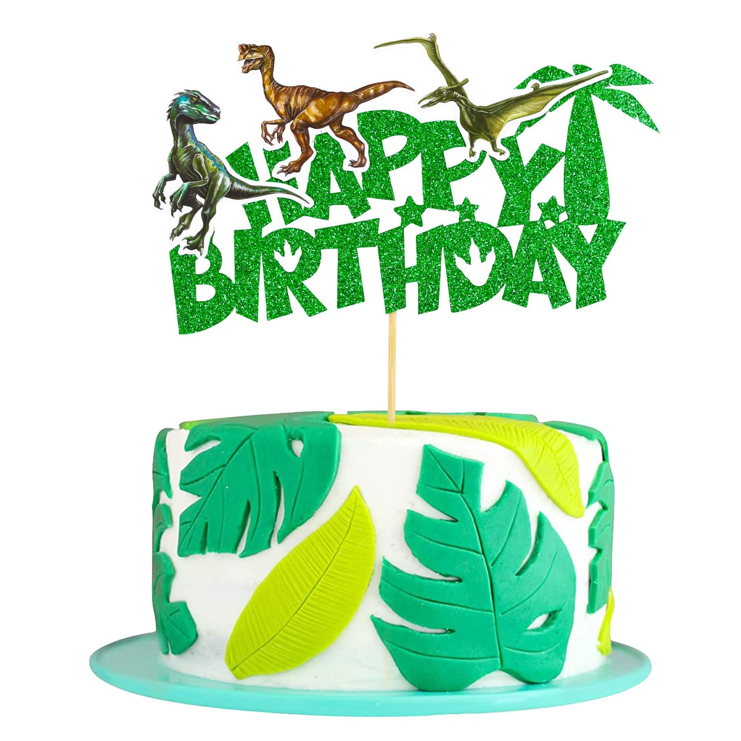 Gyufise 1Pcs Dinosaur Happy Birthday Cake Topper Glitter Dinosaur Cake Pick For Dino Theme Baby Shower Kids Boys Girls Birthday
