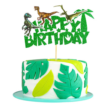Gyufise 1Pcs Dinosaur Happy Birthday Cake Topper Glitter Dinosaur Cake Pick For Dino Theme Baby Shower Kids Boys Girls Birthday