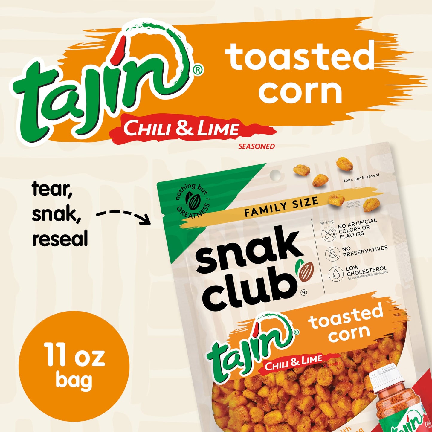 Snak Club Tajin Toasted Corn, Roasted Corn Nuggets With Chili And Lime Seasoning, Mild, Non-Gmo, Gluten-Free, Kosher Snack, No A