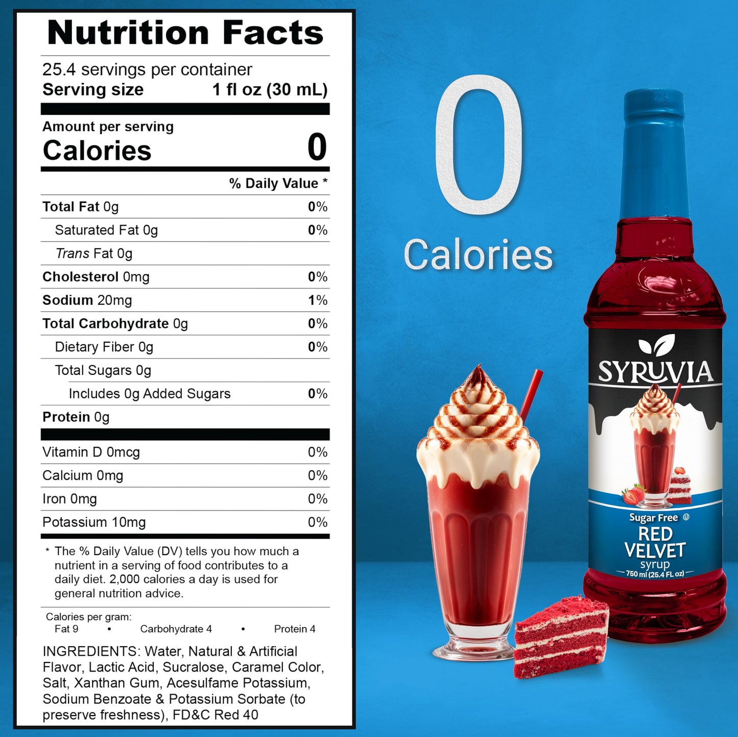 SYRUVIA Sugar-Free Red Velvet Coffee Syrup - 25.4 fl oz - Gluten Free, Kosher, 0 Calorie Coffee Flavoring