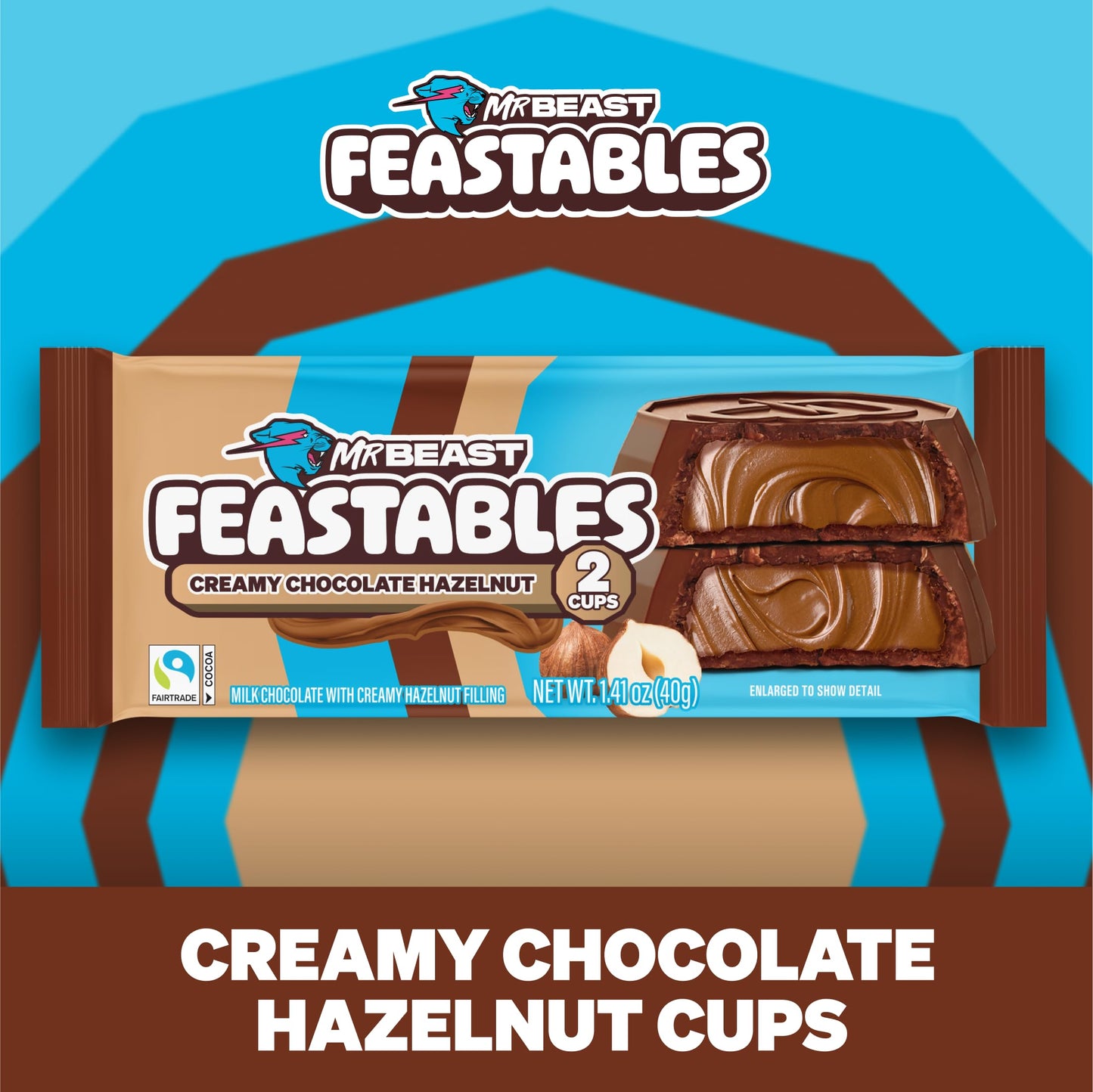 Feastables MrBeast Hazelnut Cups  Milk Chocolate & Creamy Hazelnut Filling  Cups for mature-themeds & Kids  Chocolate Candy for Snacks  Gifts  or Dessert  Made With Fairtrade Cocoa  2 Pack  24 Count