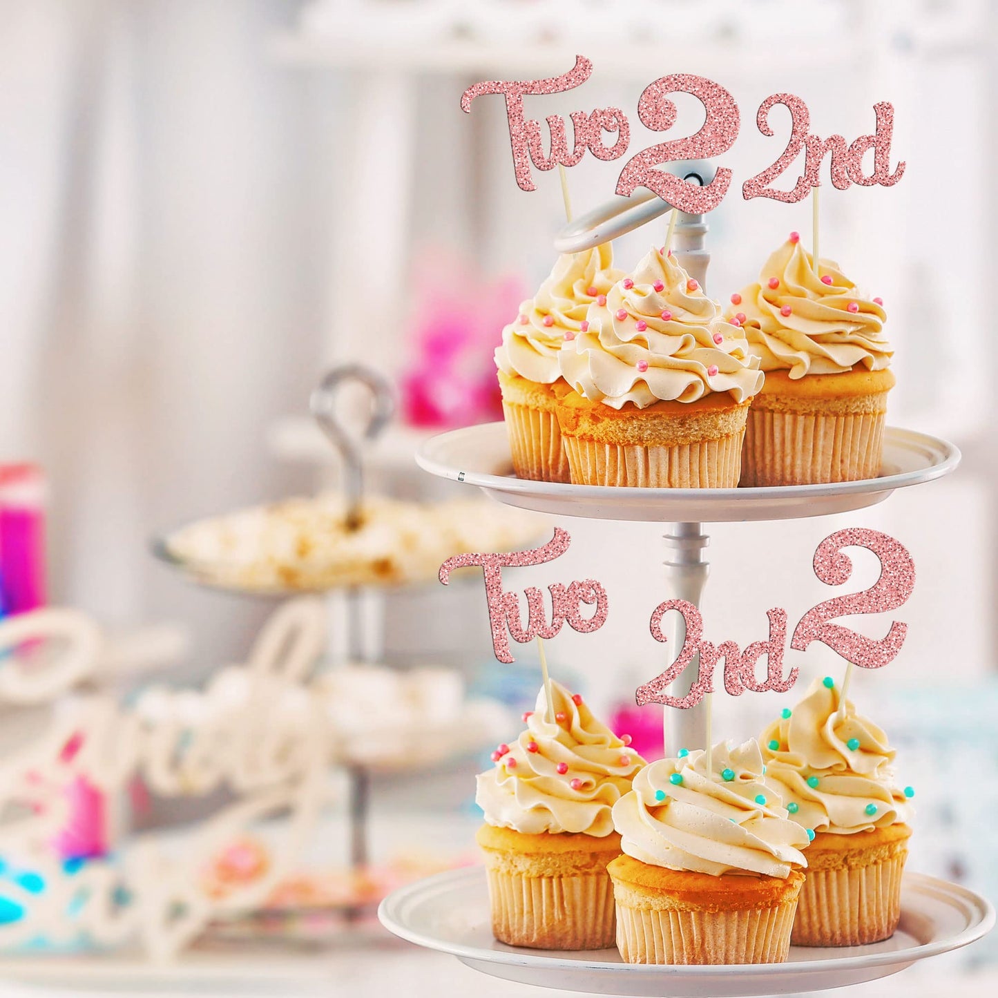 24Pcs Two Cupcake Toppers Glitter 2Nd Birthday Cupcake Picks For Baby Shower Second Birthday Party Cake Decorations Supplies Ros