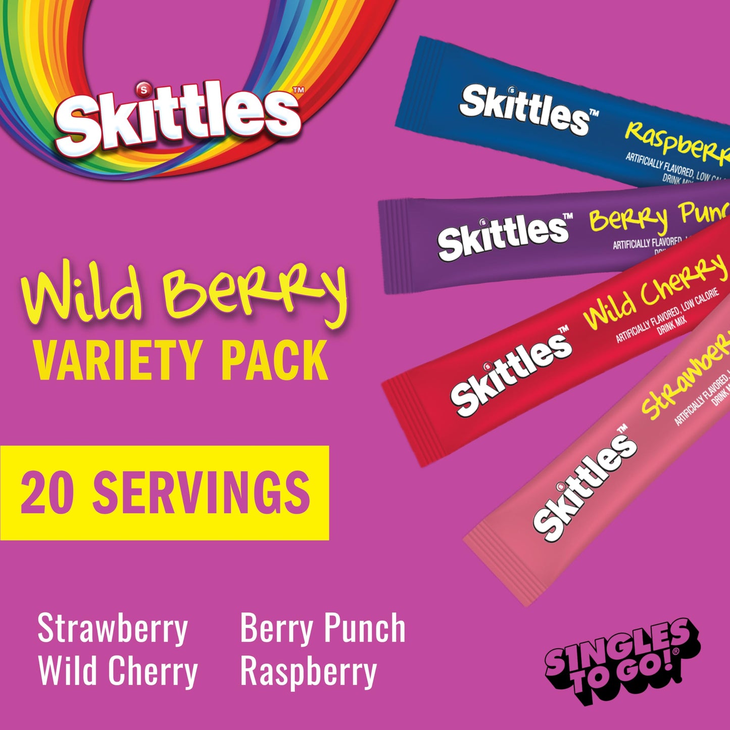 Skittles Singles To Go Variety Pack, Watertok Powdered Drink Mix, Zero Sugar, Low Calorie, Includes 4 Flavors, 1 Box (20 Single