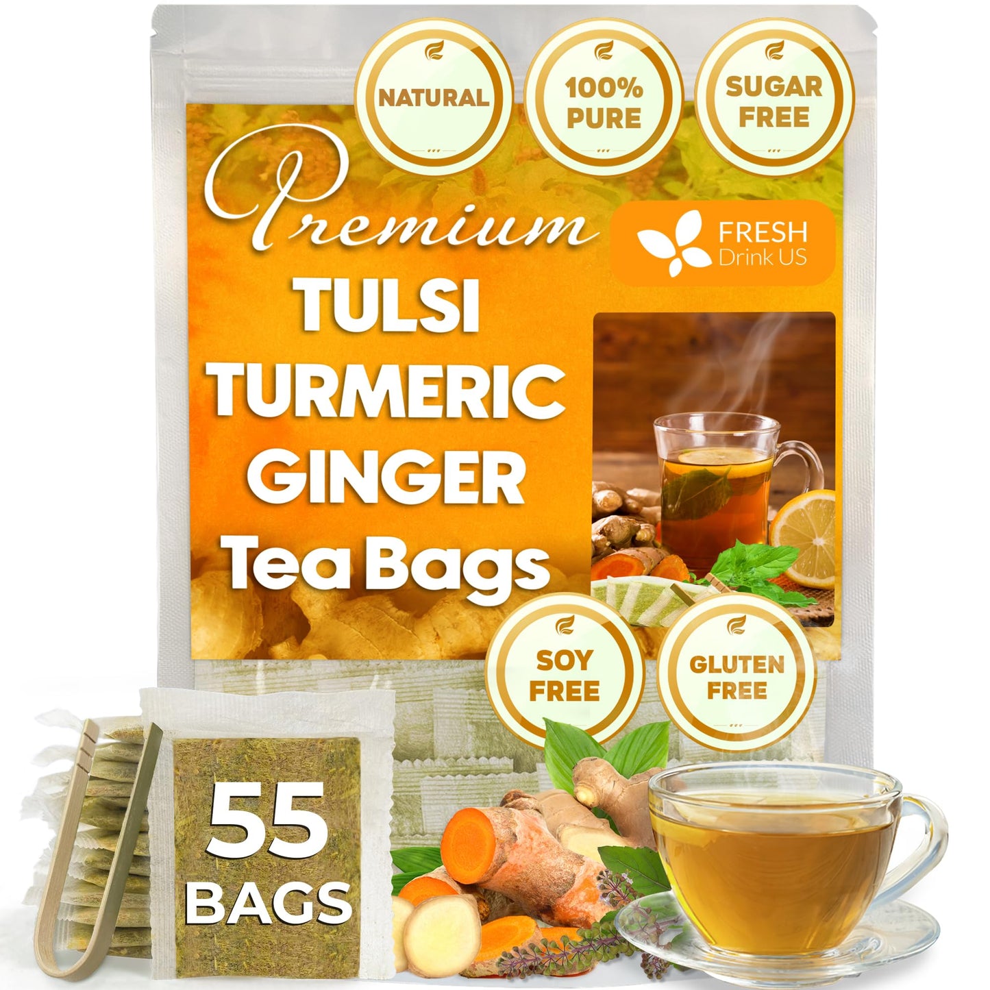 FRESHDRINKUS Premium Tulsi Turmeric Ginger Tea Bags, 100% Natural, 55 Count, Vegan, No Sugar, No Caffeine