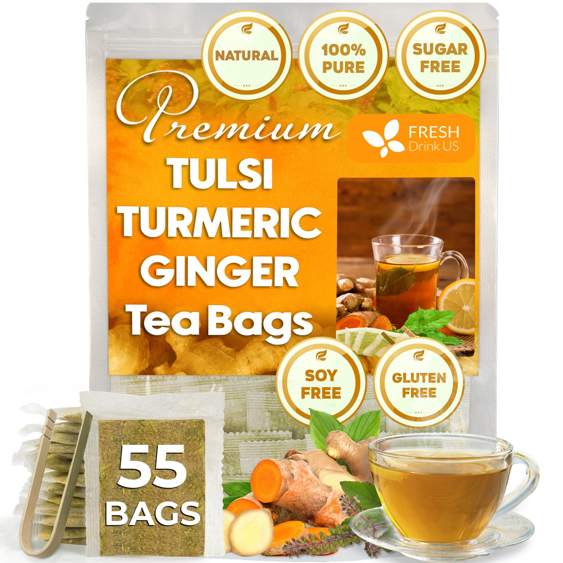 FRESHDRINKUS Premium Tulsi Turmeric Ginger Tea Bags, 100% Natural, 55 Count, Vegan, No Sugar, No Caffeine
