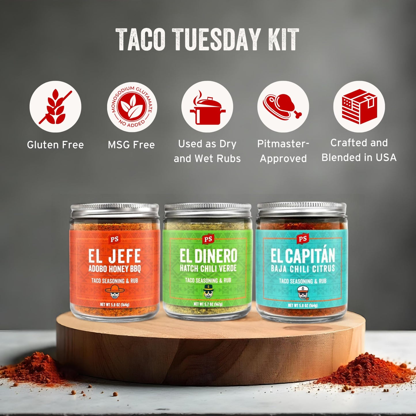 Ps Seasoning Taco Box - El Jefe, El Dinero, El Capitan - Complete Taco Tuesday Seasoning Kit & Bbq Dry Rub Variety Pack - Unique