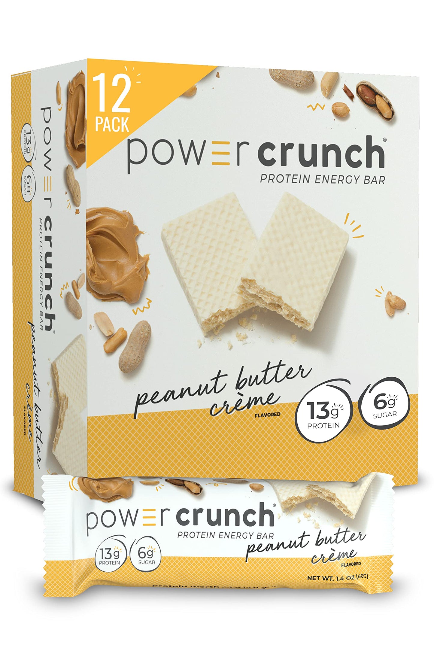 Power Crunch Protein Wafer Bars, High Protein Snacks With Delicious Taste, Peanut Butter Crme, 1.4 Ounce (12 Count)