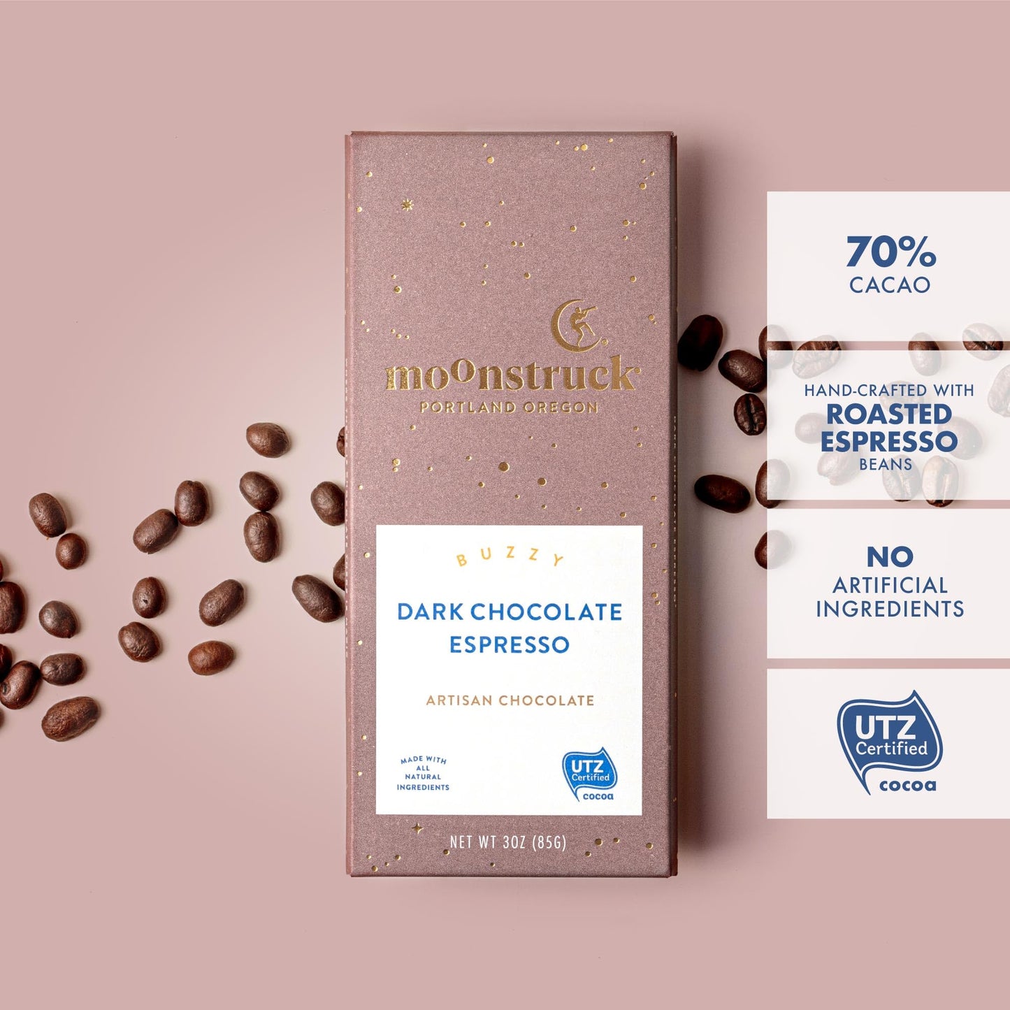 Moonstruck Chocolate Dark Chocolate Espresso Bean Bar, 68% Cacao, 3.0Oz (Pack Of 1)